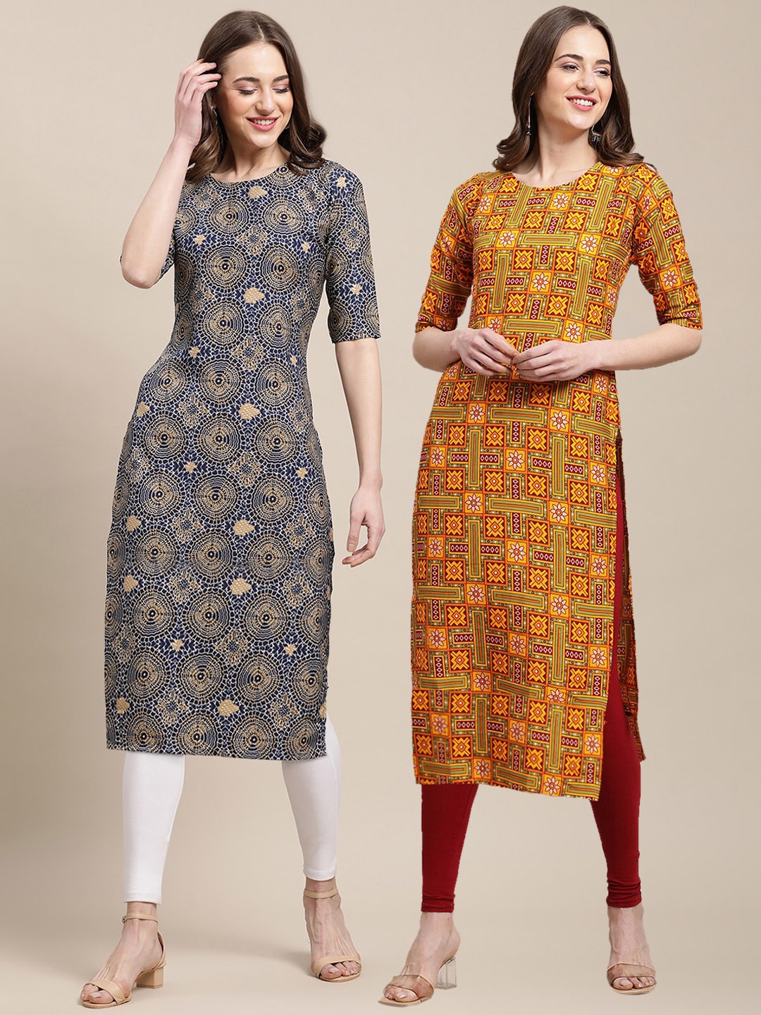 

7Threads Women Pack Of 2 Navy Blue & Mustard Yellow Printed Straight Crepe Kurta