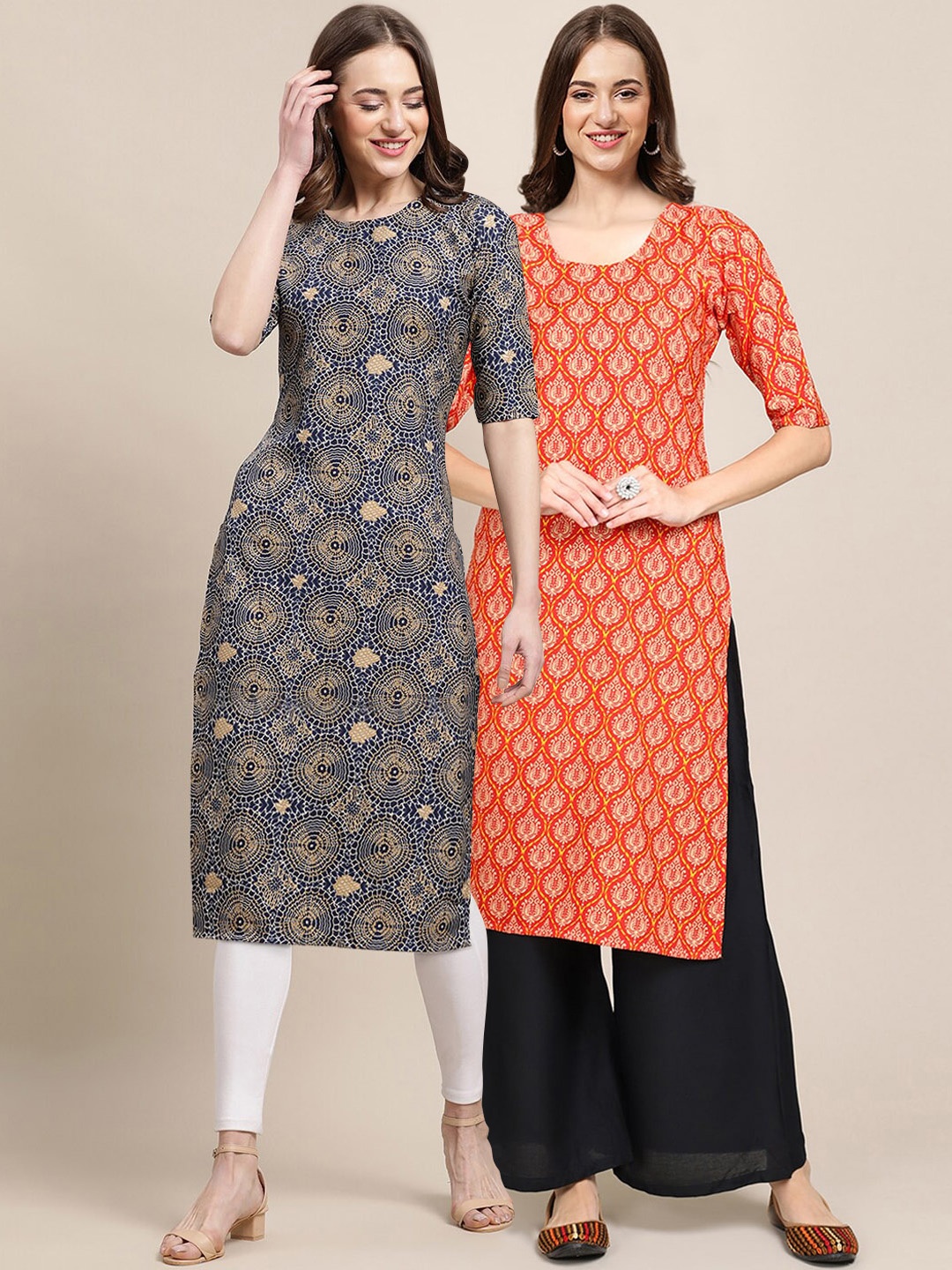 

7Threads Pack Of 2 Women Navy Blue & Orange Printed Straight Crepe Kurta