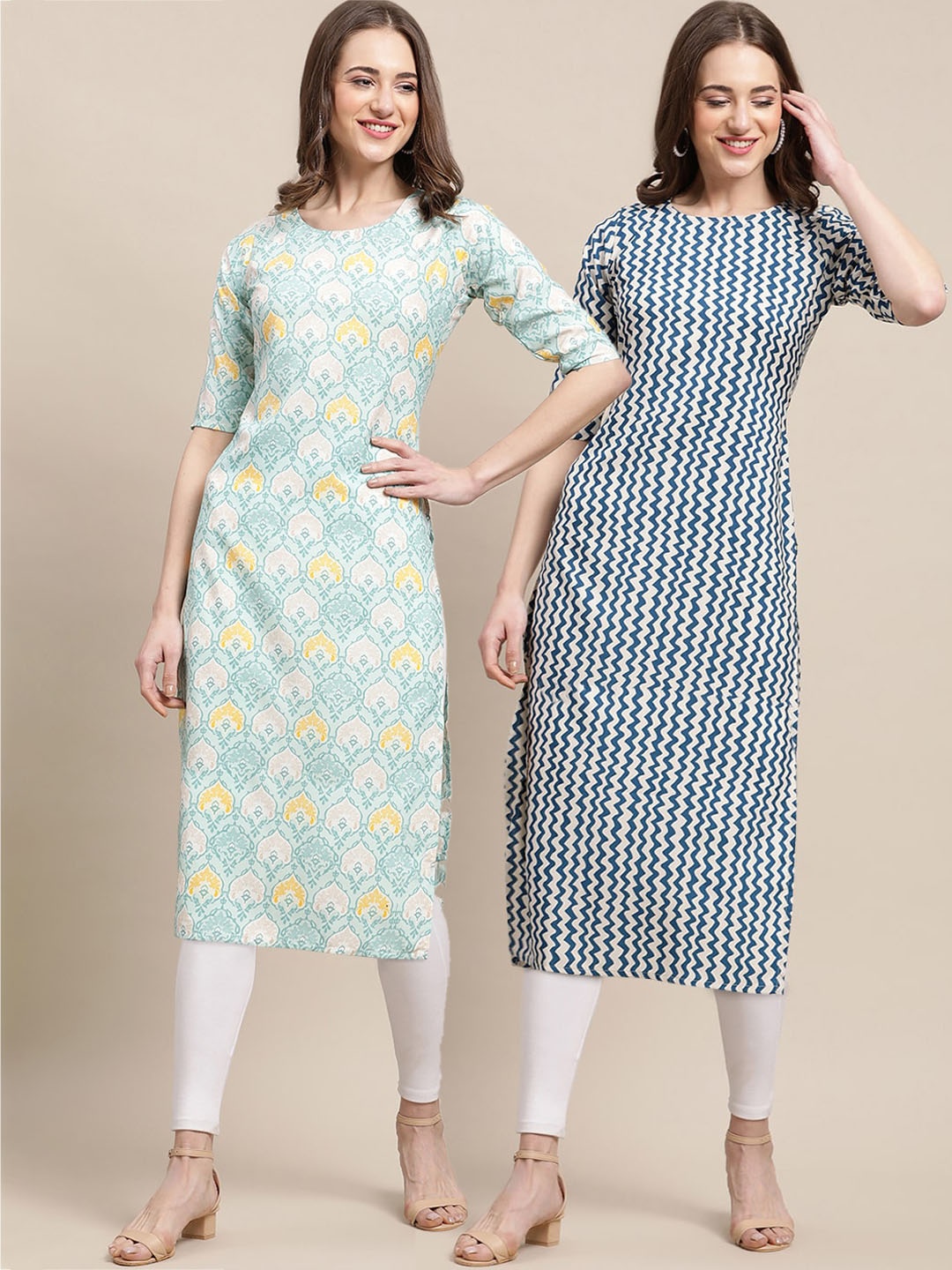 

KALINI Women Pack Of 2 Blue & White Geometric Printed Summer Sheers Crepe Kurta