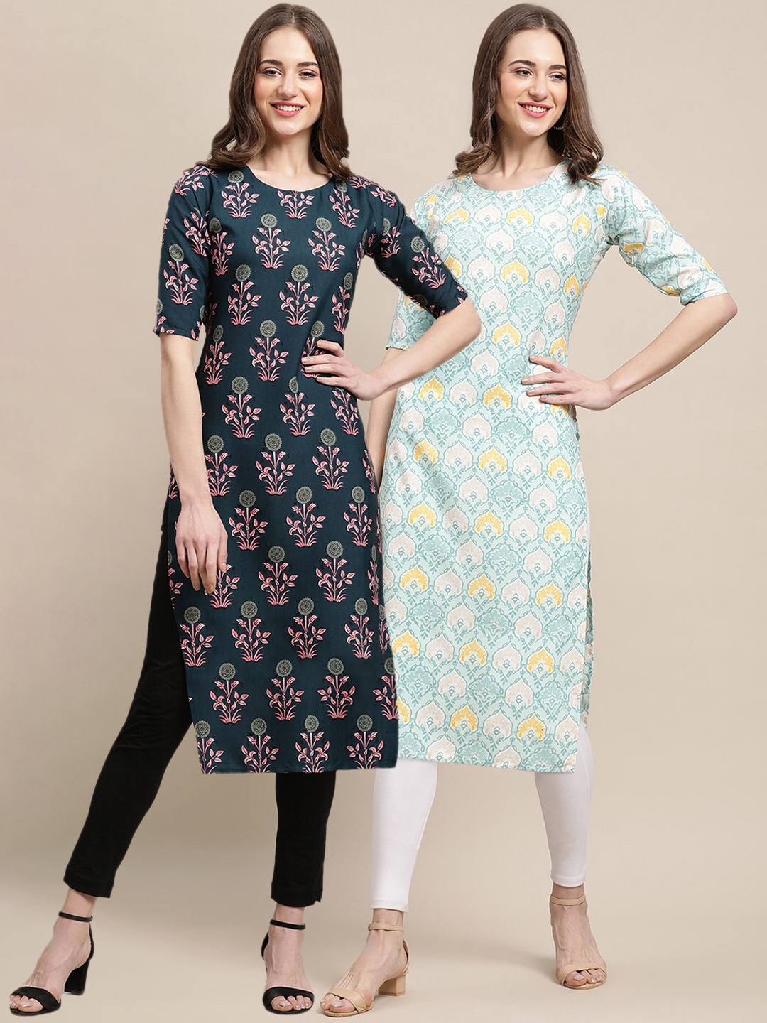 

7Threads Women Teal & Blue Ethnic Motifs Printed Crepe Pack of 2 Kurtas