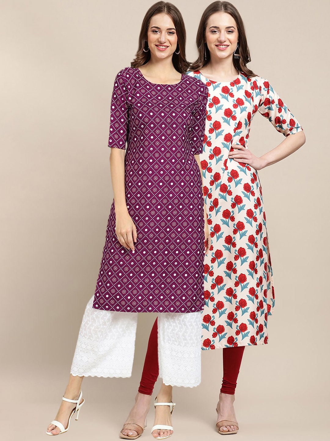 

7Threads Women Purple & White Floral Printed Crepe Pack of 2 Kurtas