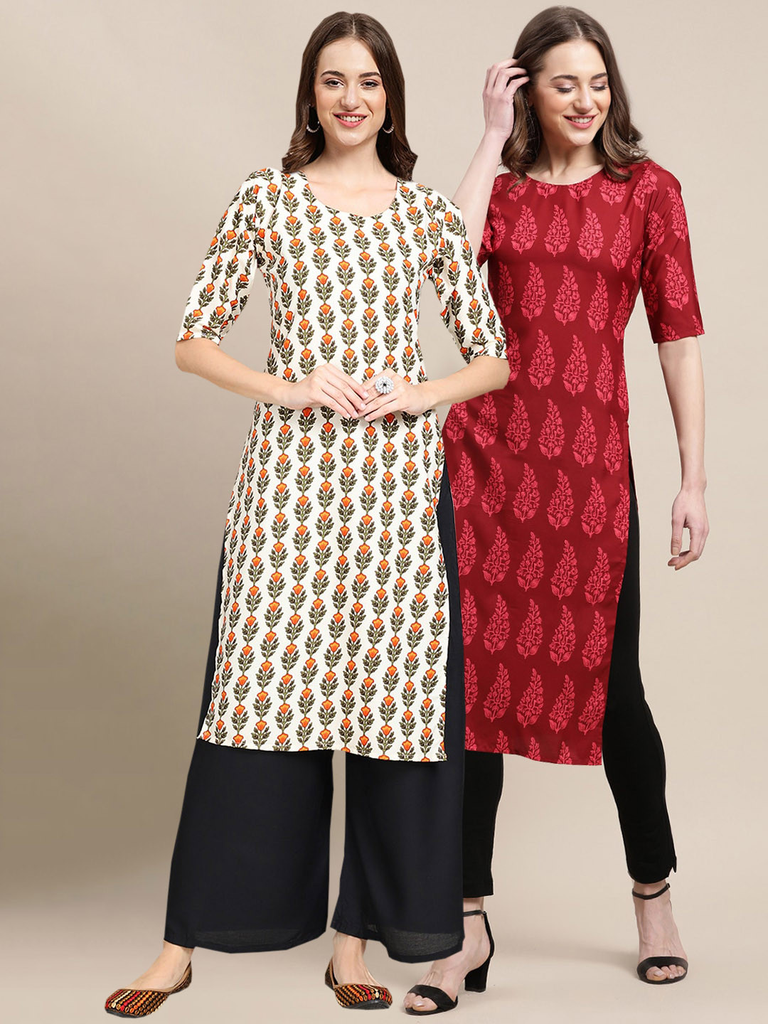 

7Threads Women Beige & Red Ethnic Motifs Printed Crepe Pack of 2 Kurtas