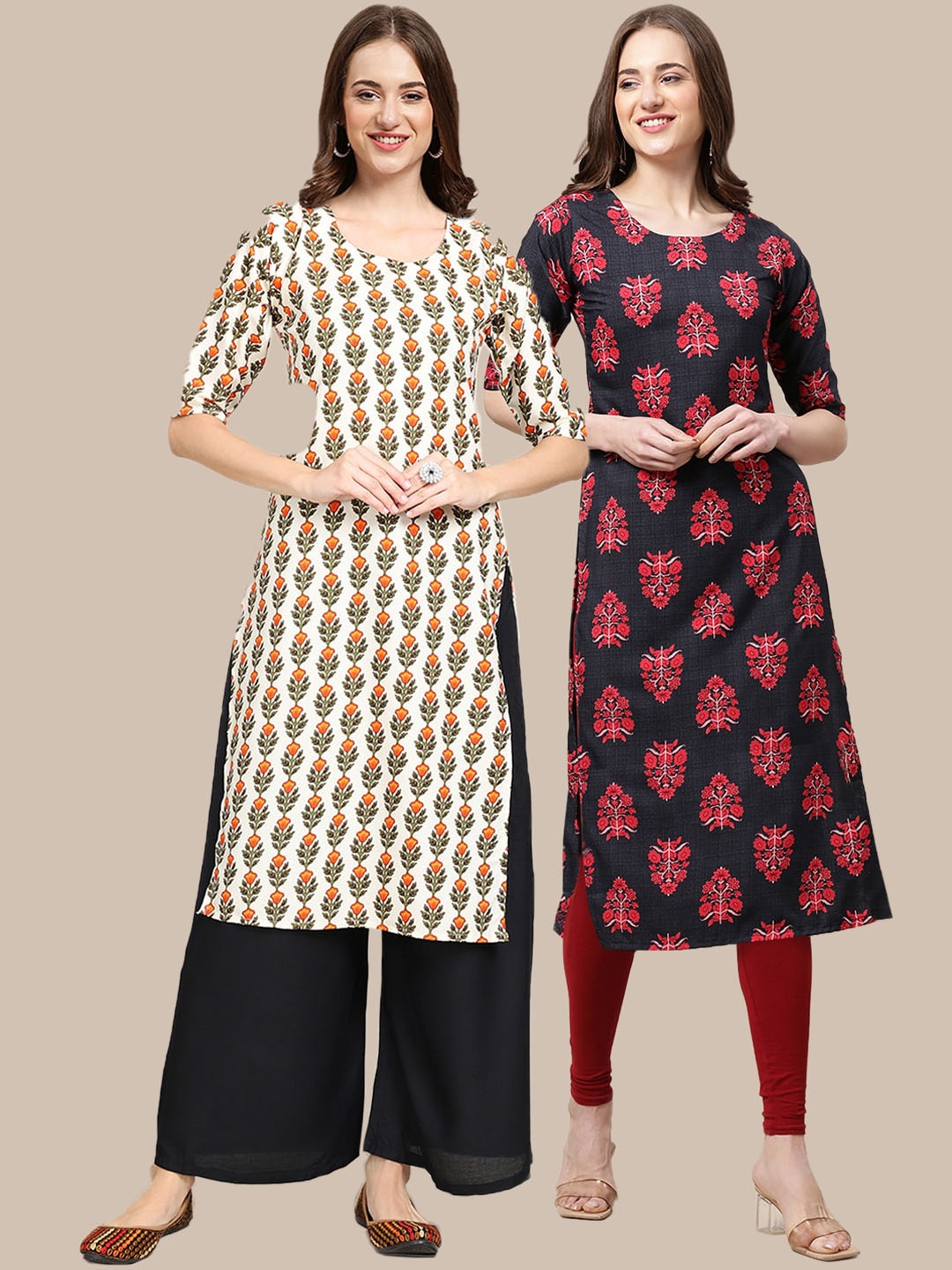 

7Threads Women Pack of 2 Off White & Black Ethnic Motifs Printed Crepe Kurta