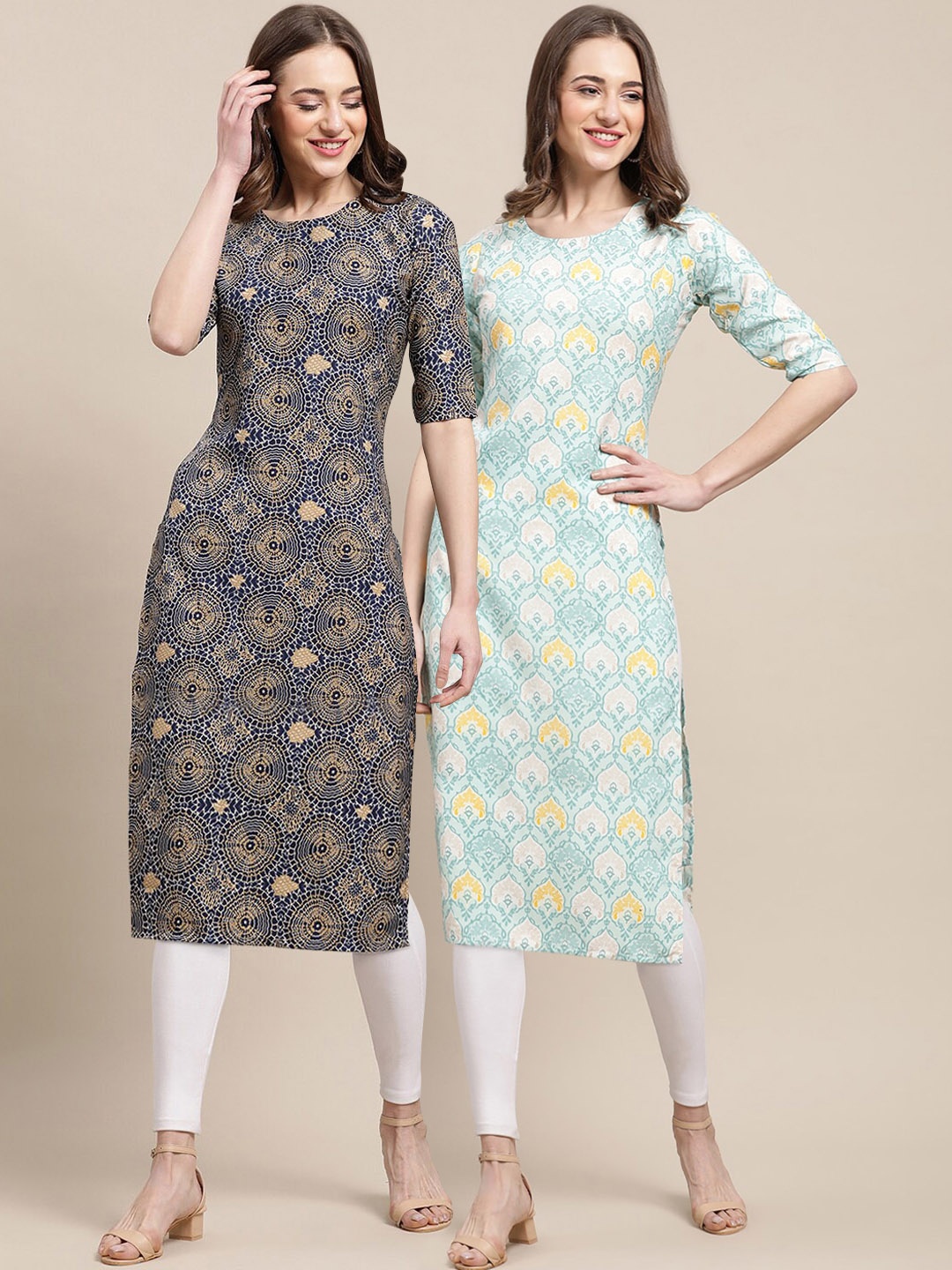 

7Threads Women Pack of 2 Beige & Blue Ethnic Motifs Printed Chikankari Crepe Kurta