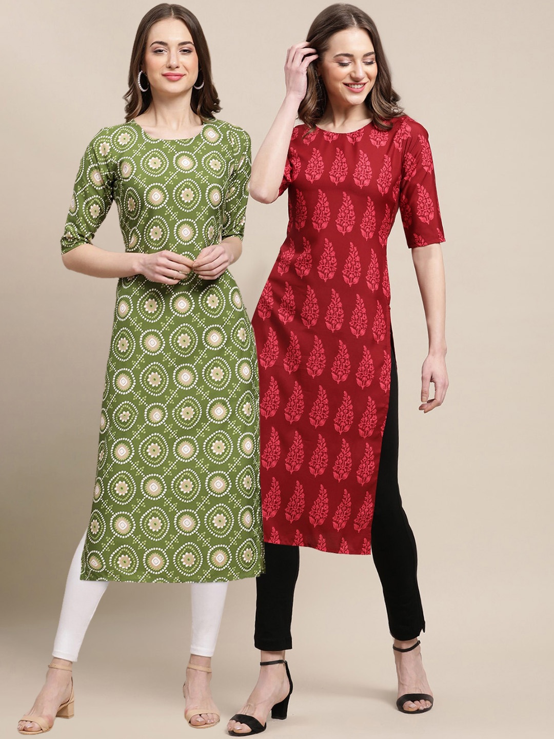 

7Threads Women Pack of 2 Green & Red Ethnic Motifs Printed Crepe Kurta