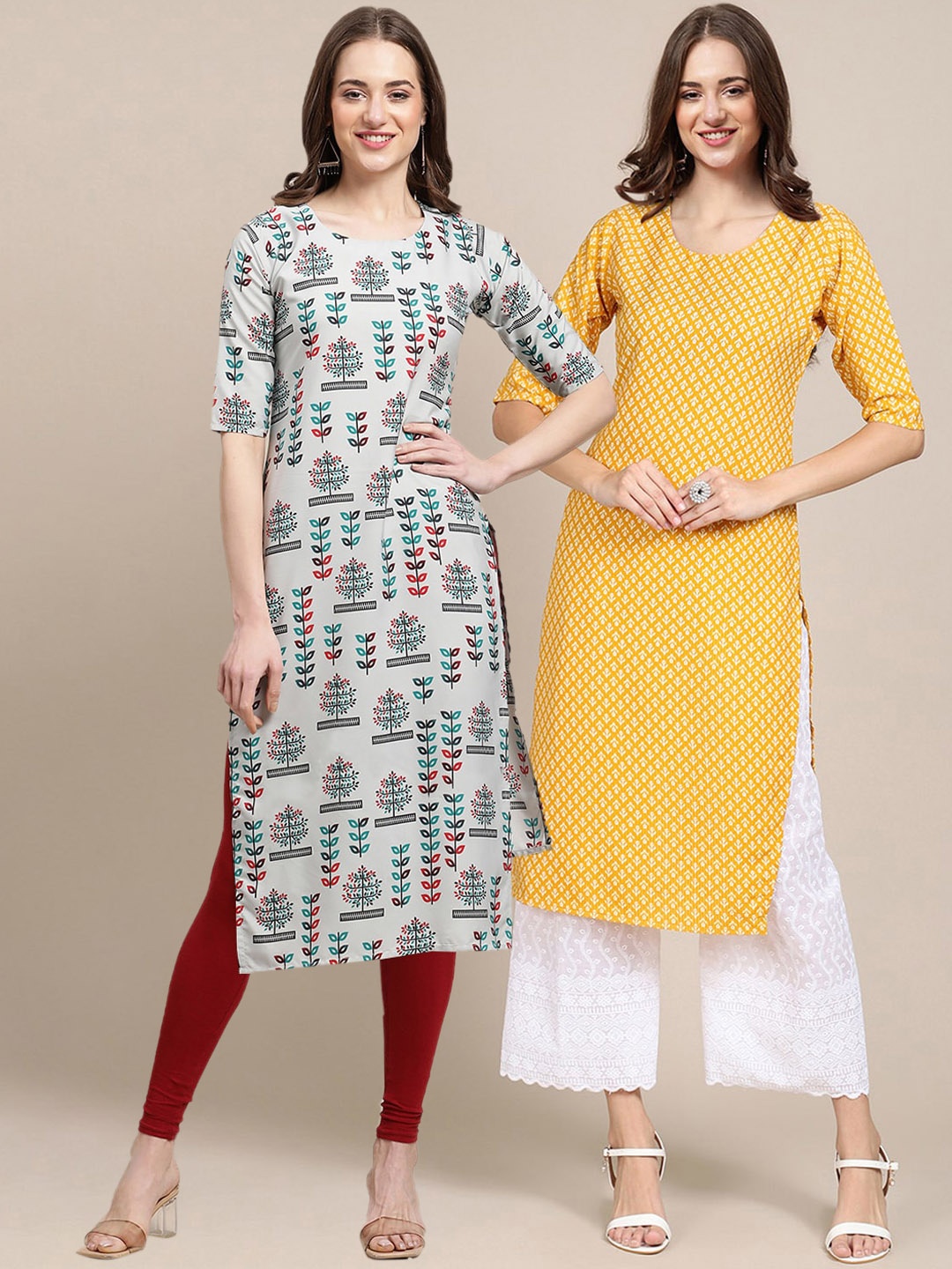 

7Threads Women Pack of 2 White & Yellow Printed Crepe Kurta