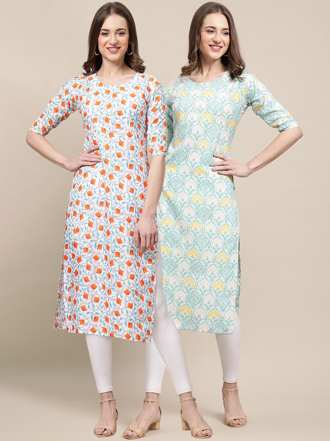 

7Threads Women Pack of 2 Blue & Orange Geometric Printed Crepe Kurta