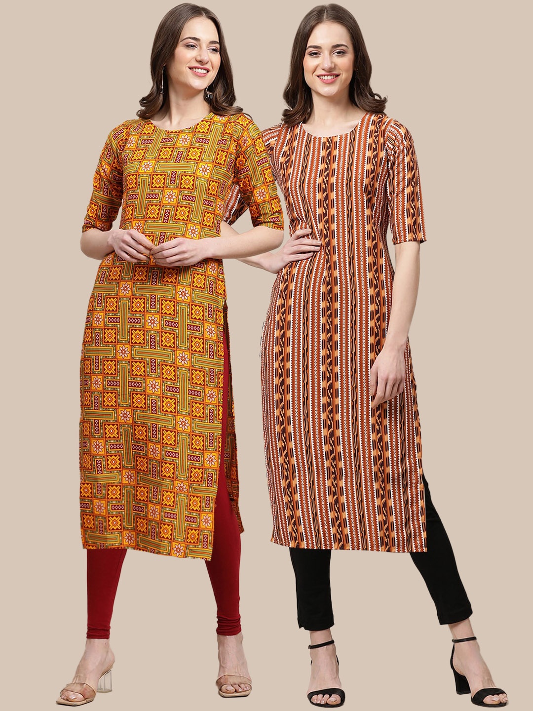 

7Threads Women Orange & Maroon Pack Of 2 Geometric Printed Summer Sheers Crepe Kurta