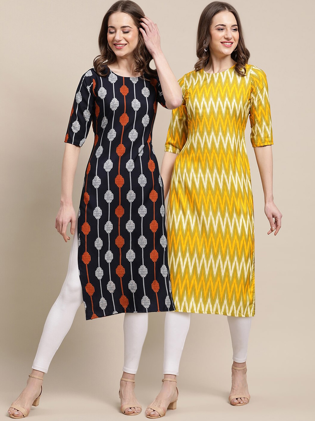 

7Threads Women Pack Of 2 Yellow & Navy Blue Geometric Printed Crepe Kurta