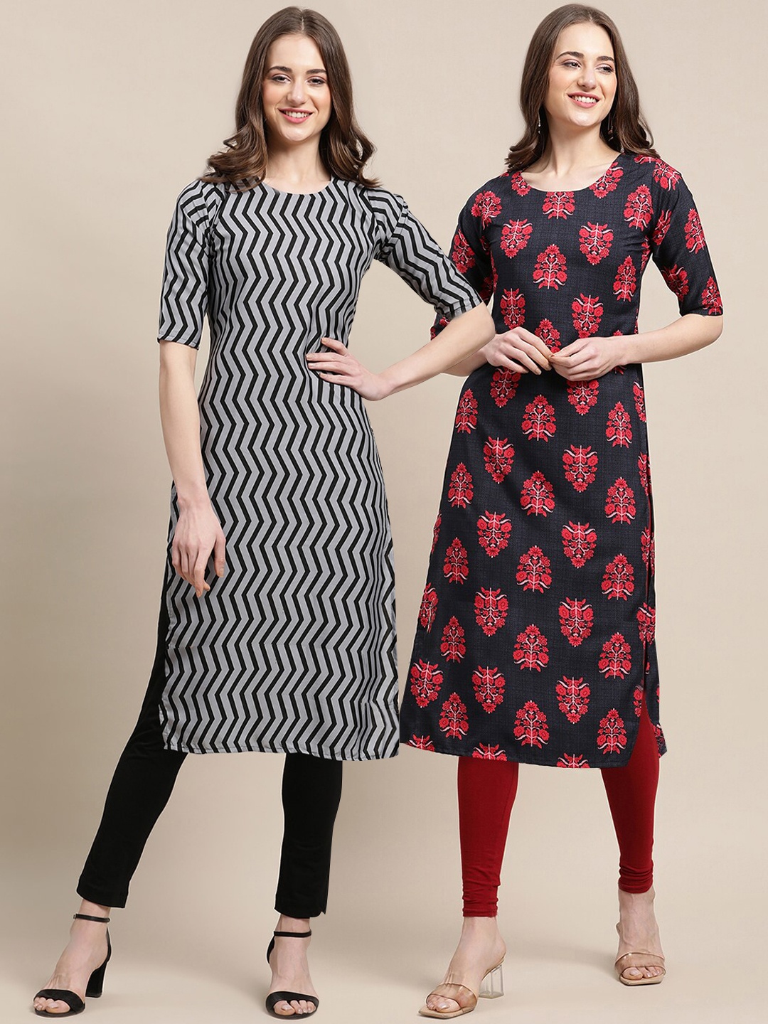 

7Threads Women Pack Of 2 Grey & Red Geometric Printed Crepe Kurta