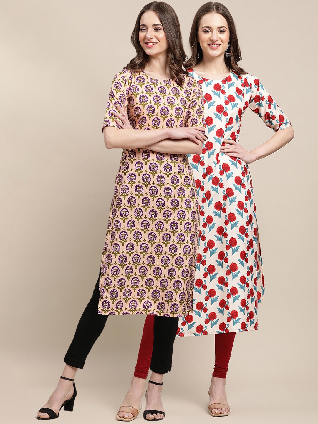 

7Threads Women Pack Of 2 Red & Beige Geometric Printed Crepe Kurta