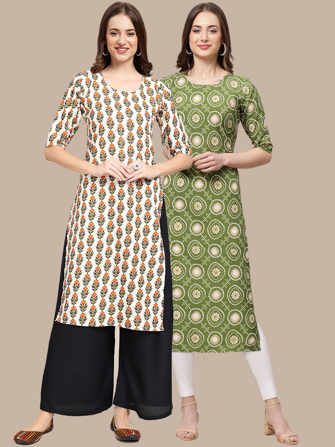 

KALINI Women Pack Of 2 Green & Off White Ethnic Motifs Printed Summer Sheers Crepe Kurta