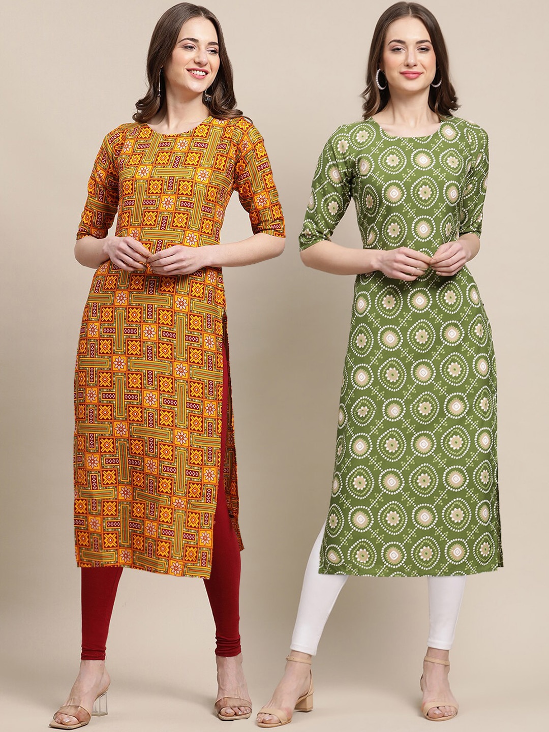 

7Threads Women Green & Mustard Yellow Pack Of 2 Ethnic Motifs Printed Crepe Kurta