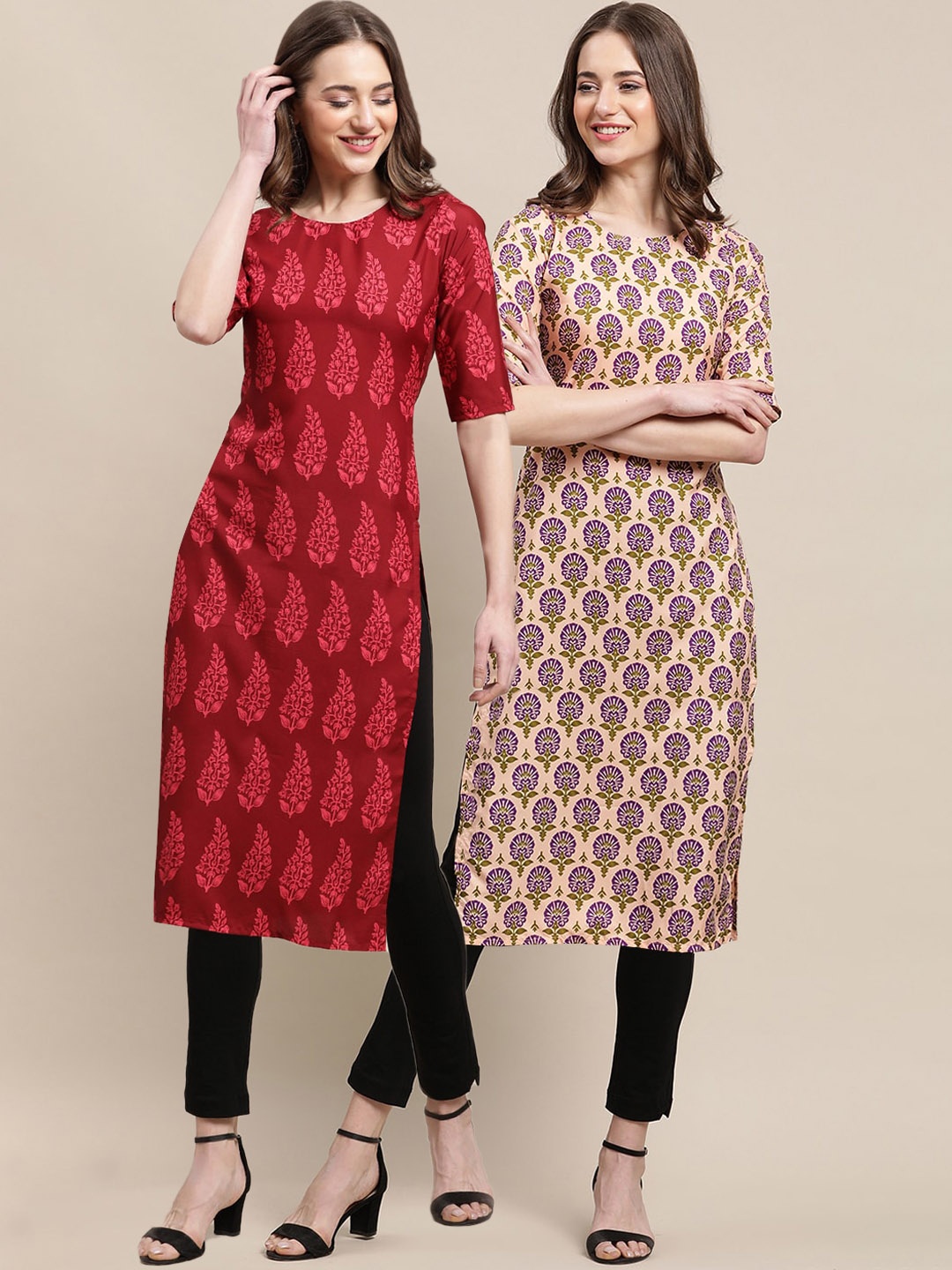 

7Threads Women Pack Of 2 Maroon & Beige Printed Crepe Straight Kurta