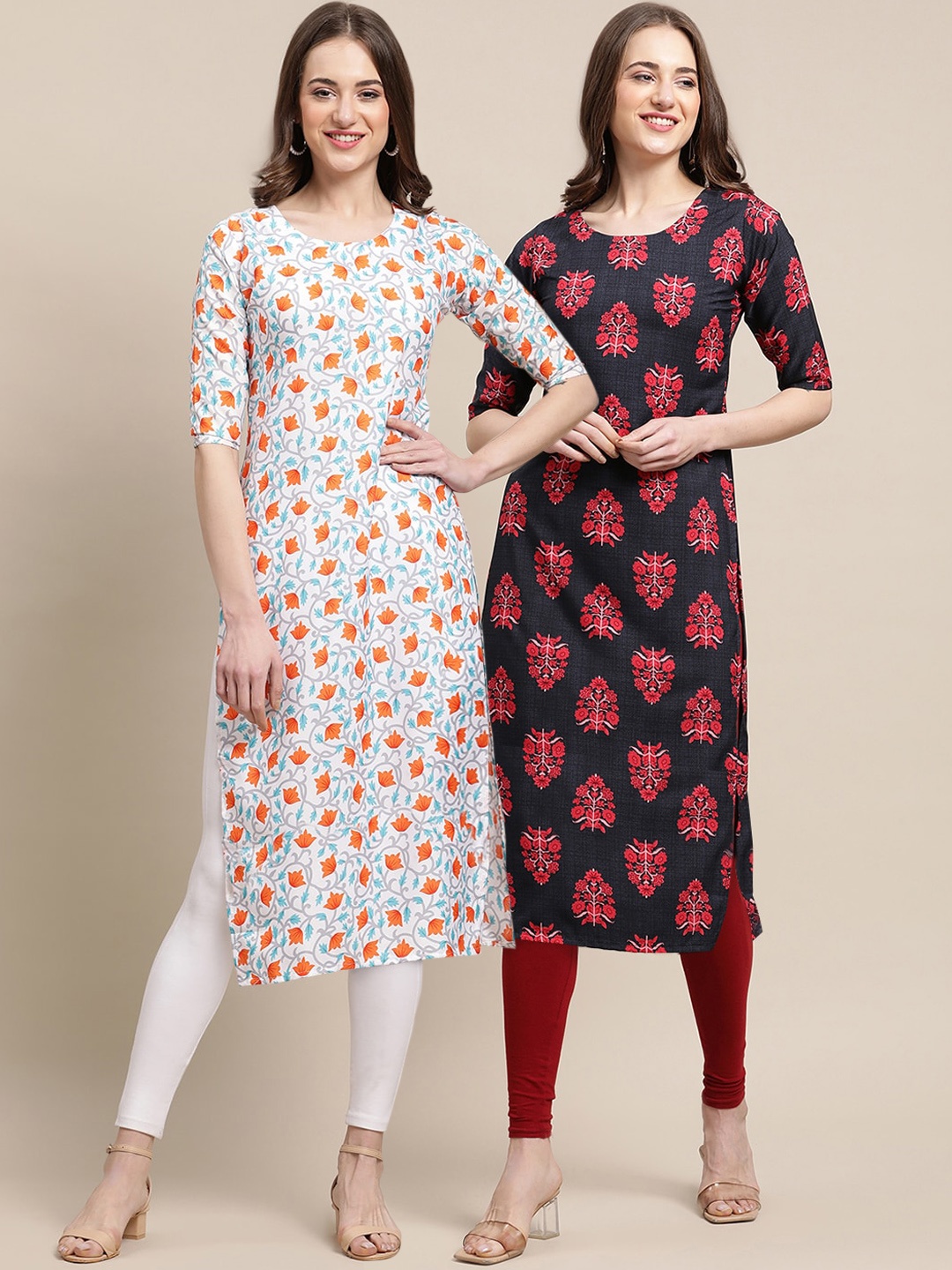 

7Threads Women Pack Of 2 Black & White Printed Crepe Straight Kurta