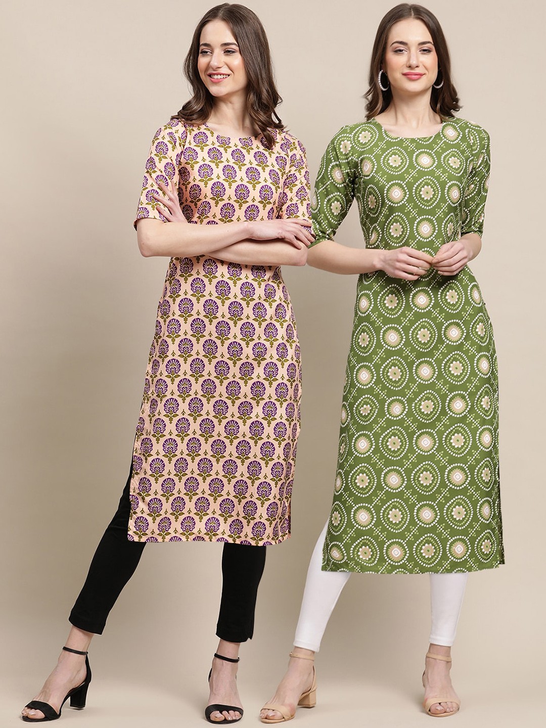 

7Threads Women Set Of 2 Beige & Green Ethnic Motifs Printed Crepe Kurta