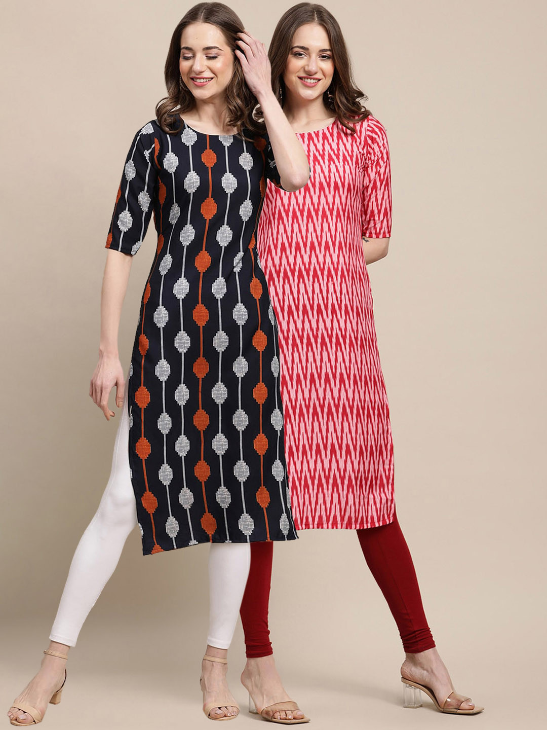 

7Threads Women Pack Of 2 Black & Pink Printed Crepe Straight Kurta