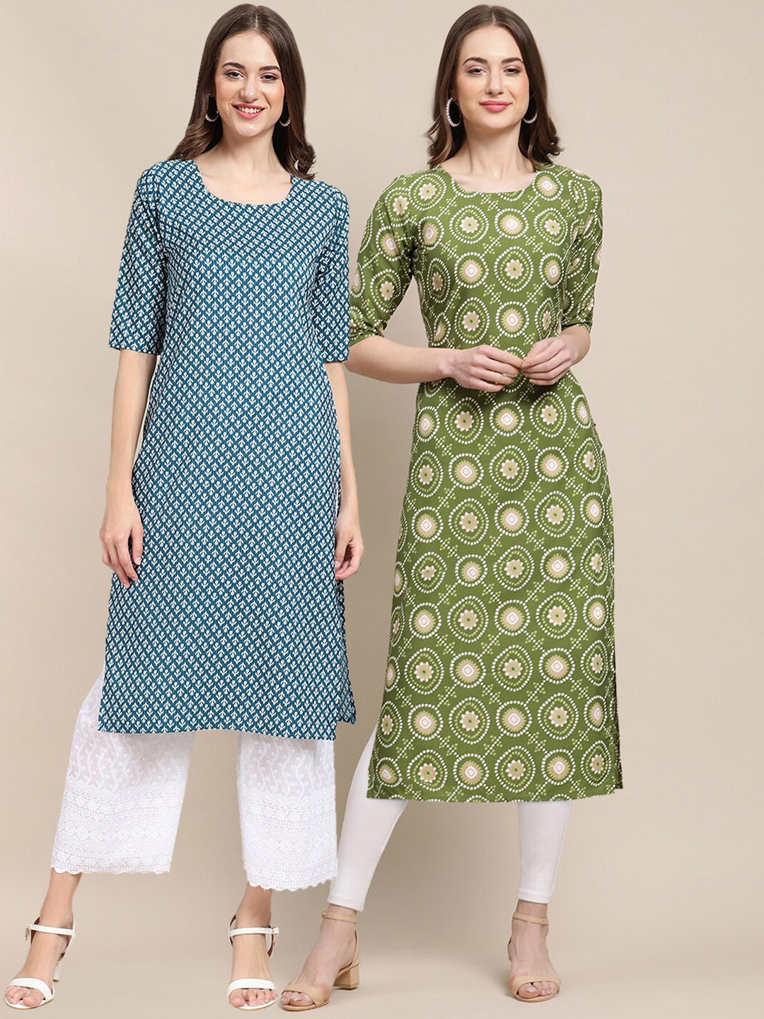 

7Threads Women Pack Of 2 Blue & Green Geometric Printed Crepe Kurta