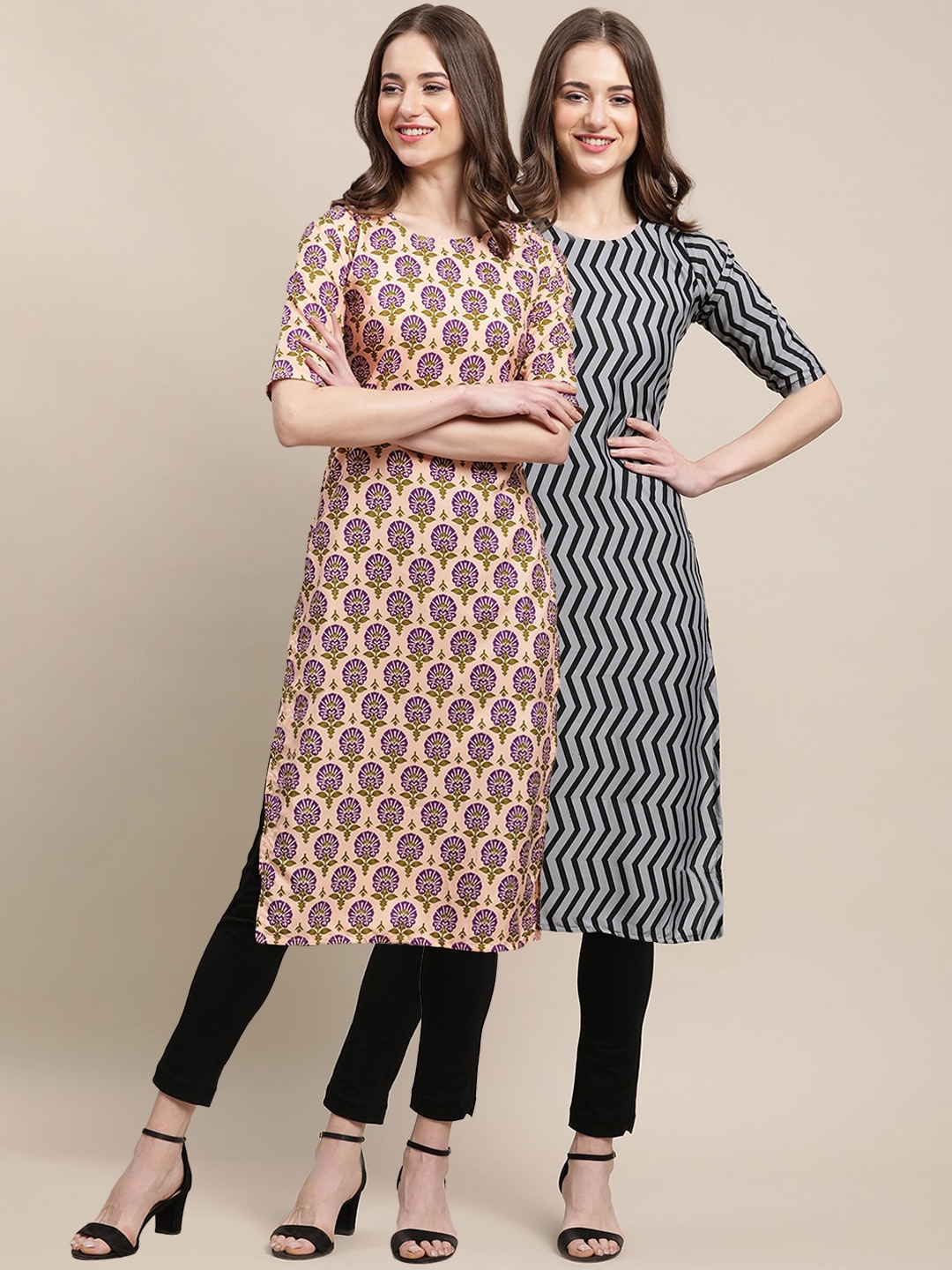 

7Threads Women Pack Of 2 Beige & Grey Geometric Printed Crepe Kurta