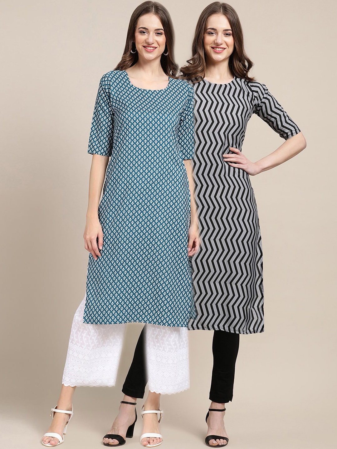

7Threads Women Pack of 2 Blue & Black Printed Crepe Kurta