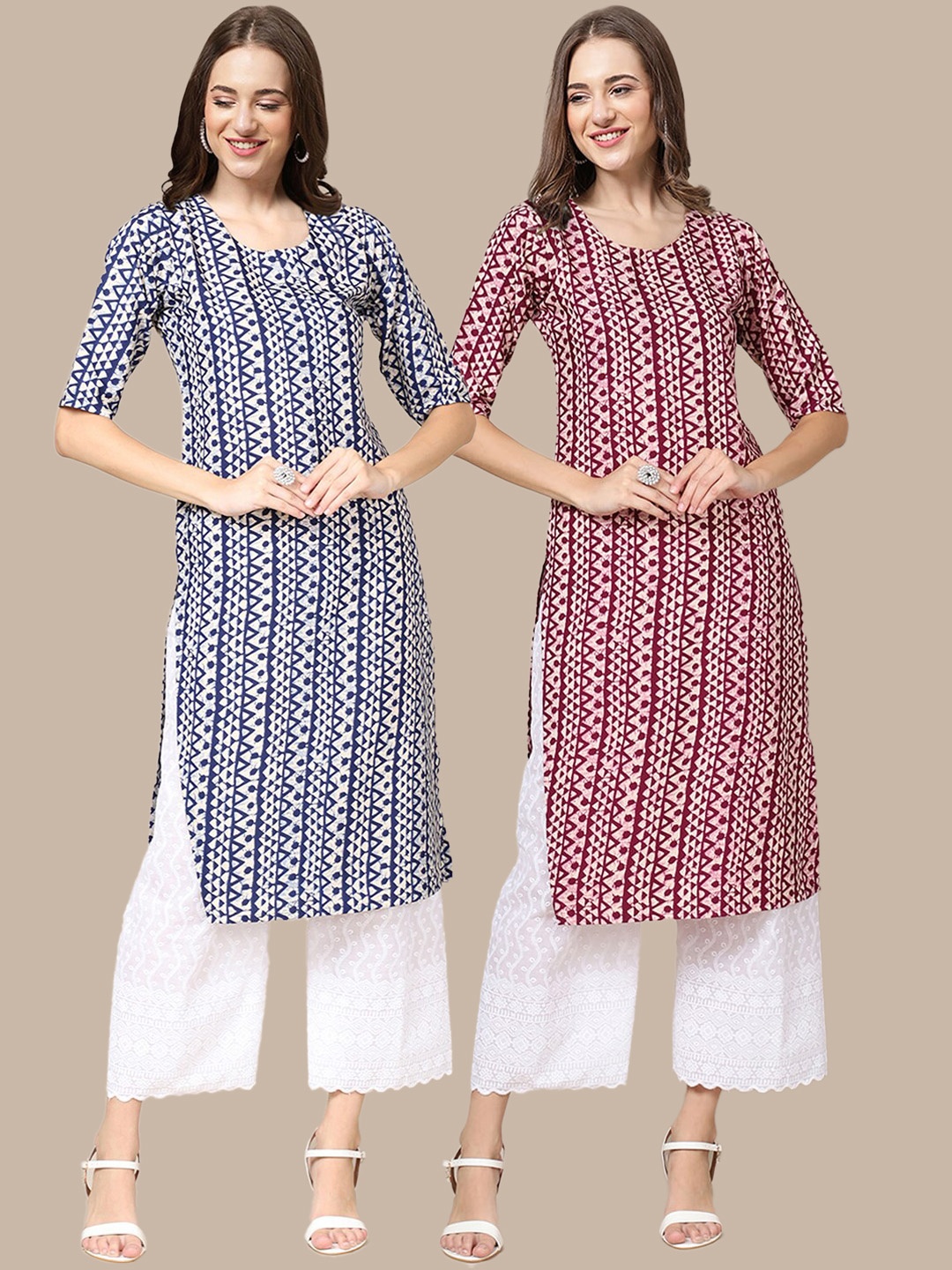 

7Threads Women Pack of 2 Blue & Maroon Geometric Printed Crepe Kurta