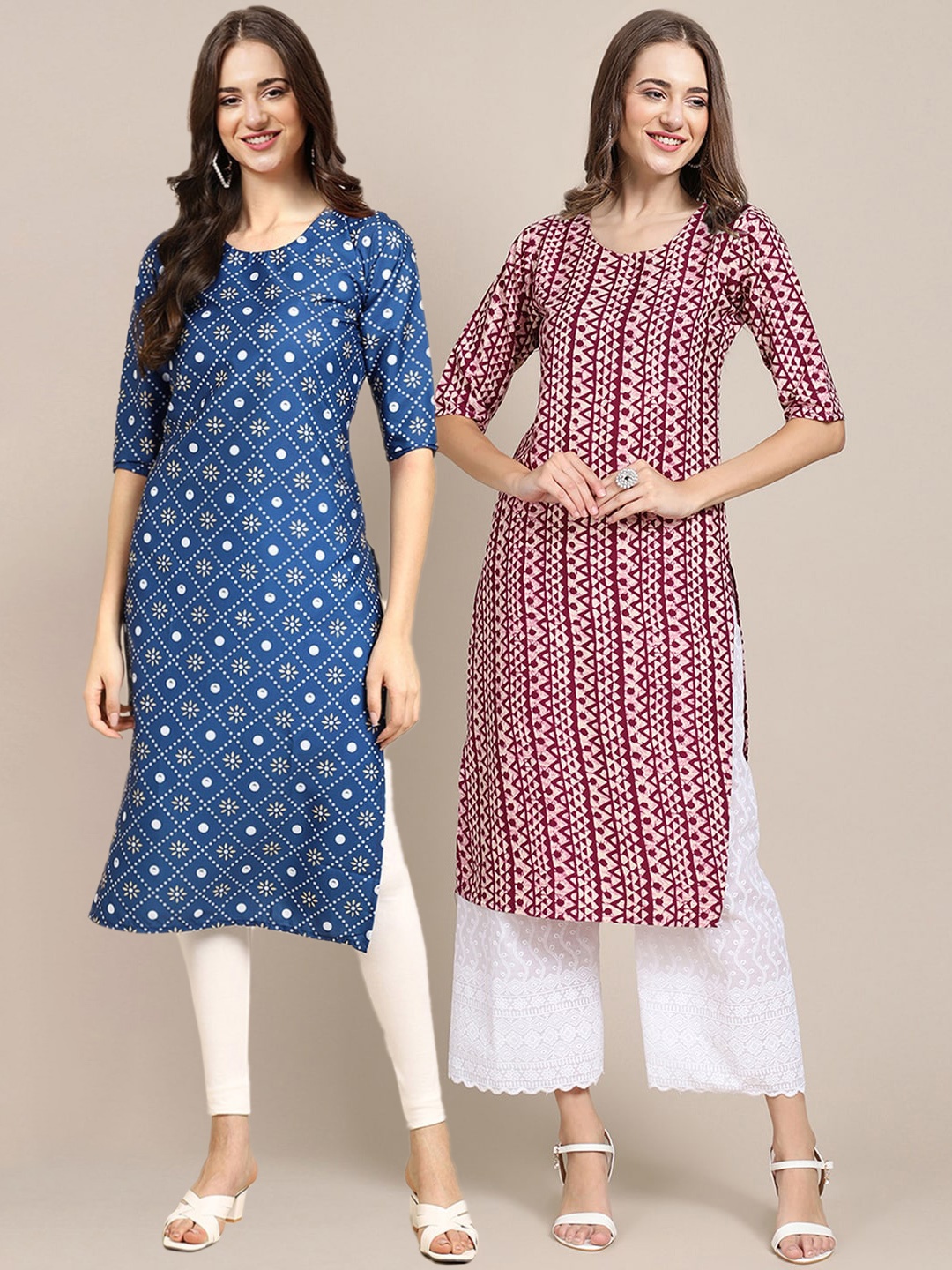 

7Threads Women Pack of 2 Blue & Maroon Geometric Printed Crepe Kurta