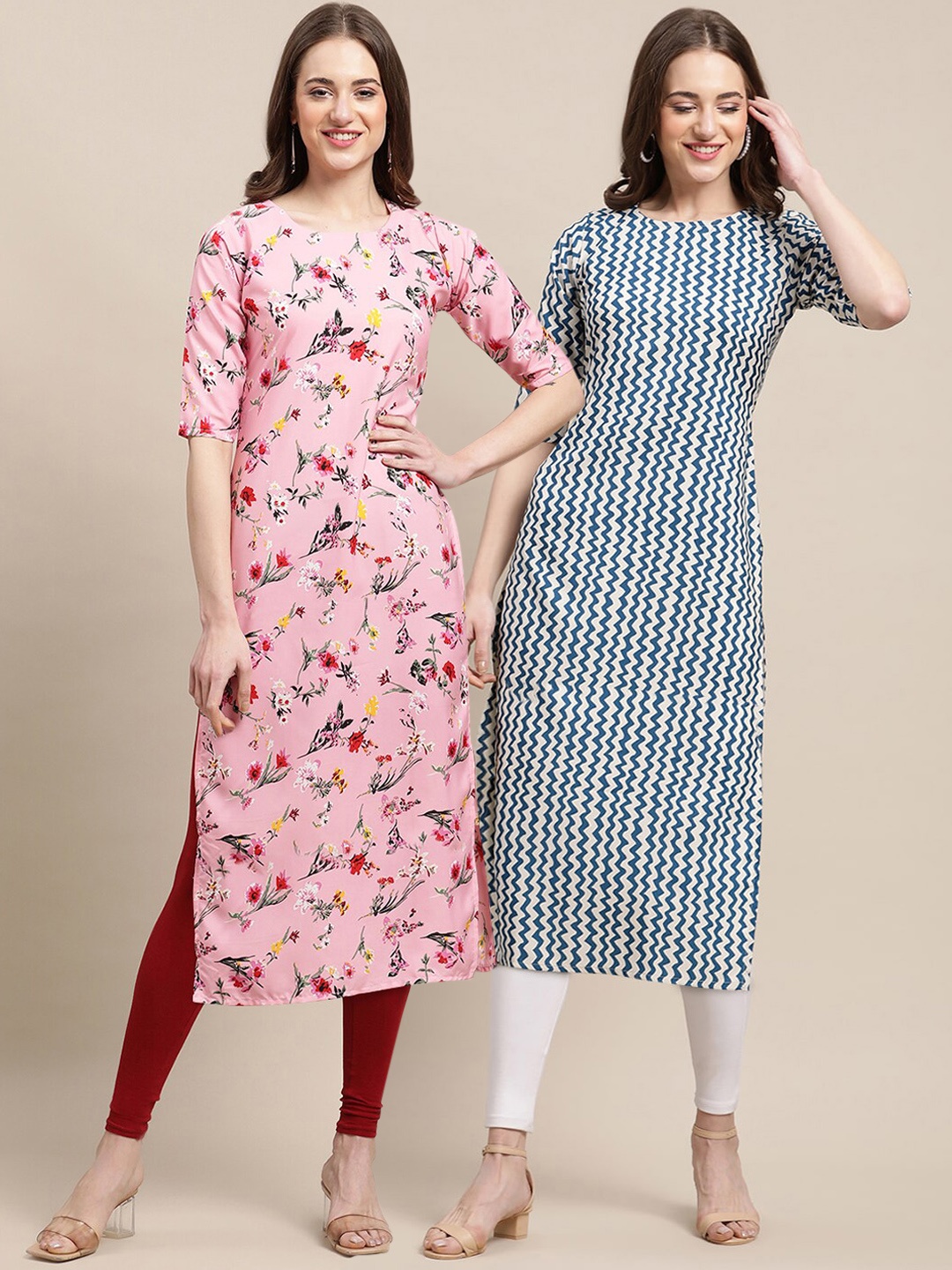 

7Threads Women Pack of 2 Pink & White Floral Printed Crepe Kurta