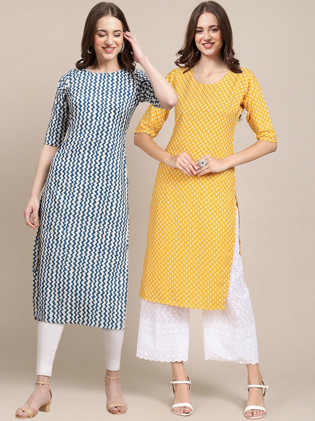 

7Threads Women Pack of 2 Yellow & White Ethnic Motifs Printed Crepe Kurta