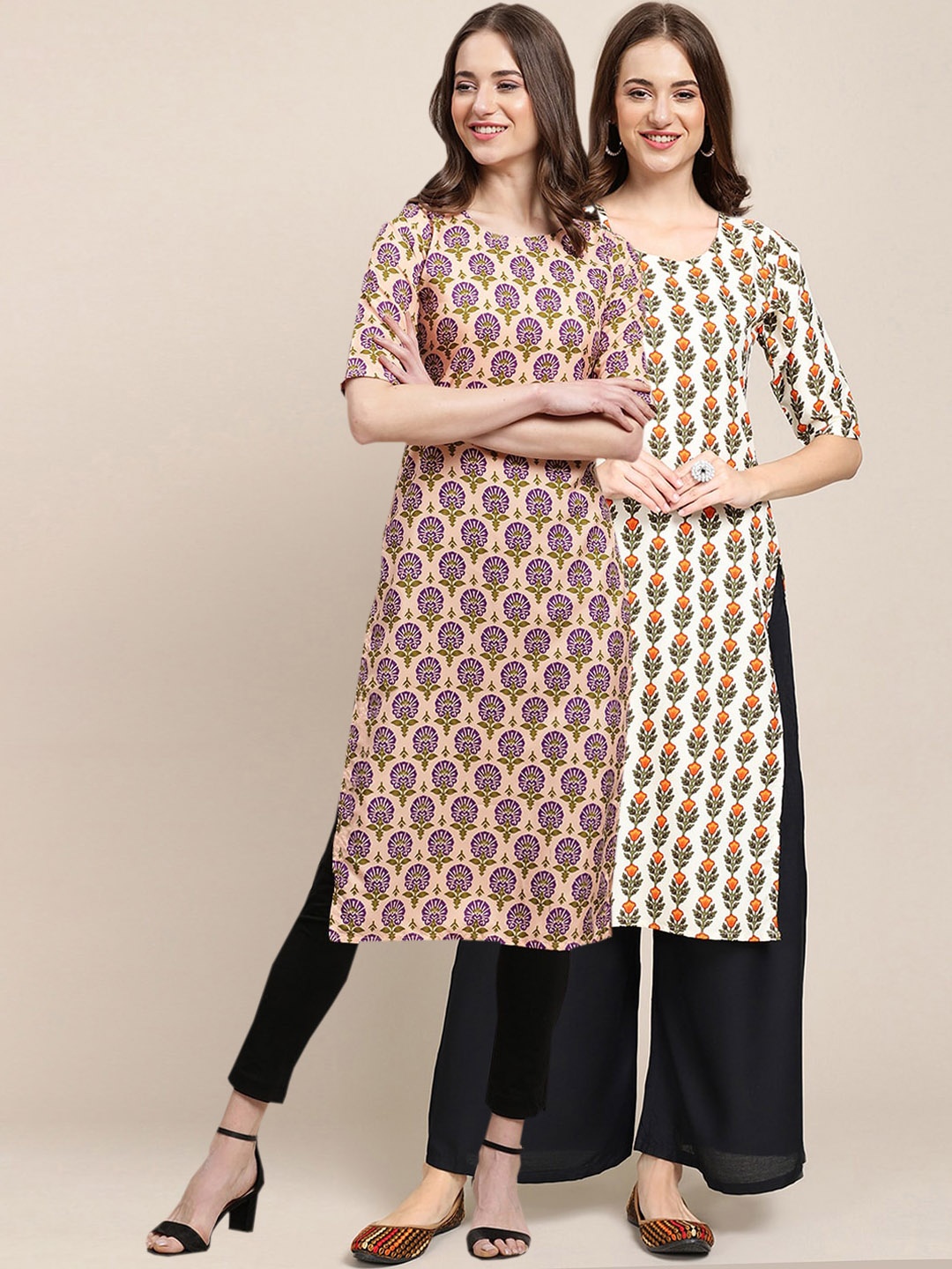 

7Threads Women Pack of 2 Printed Summer Sheers Crepe Kurta, Beige