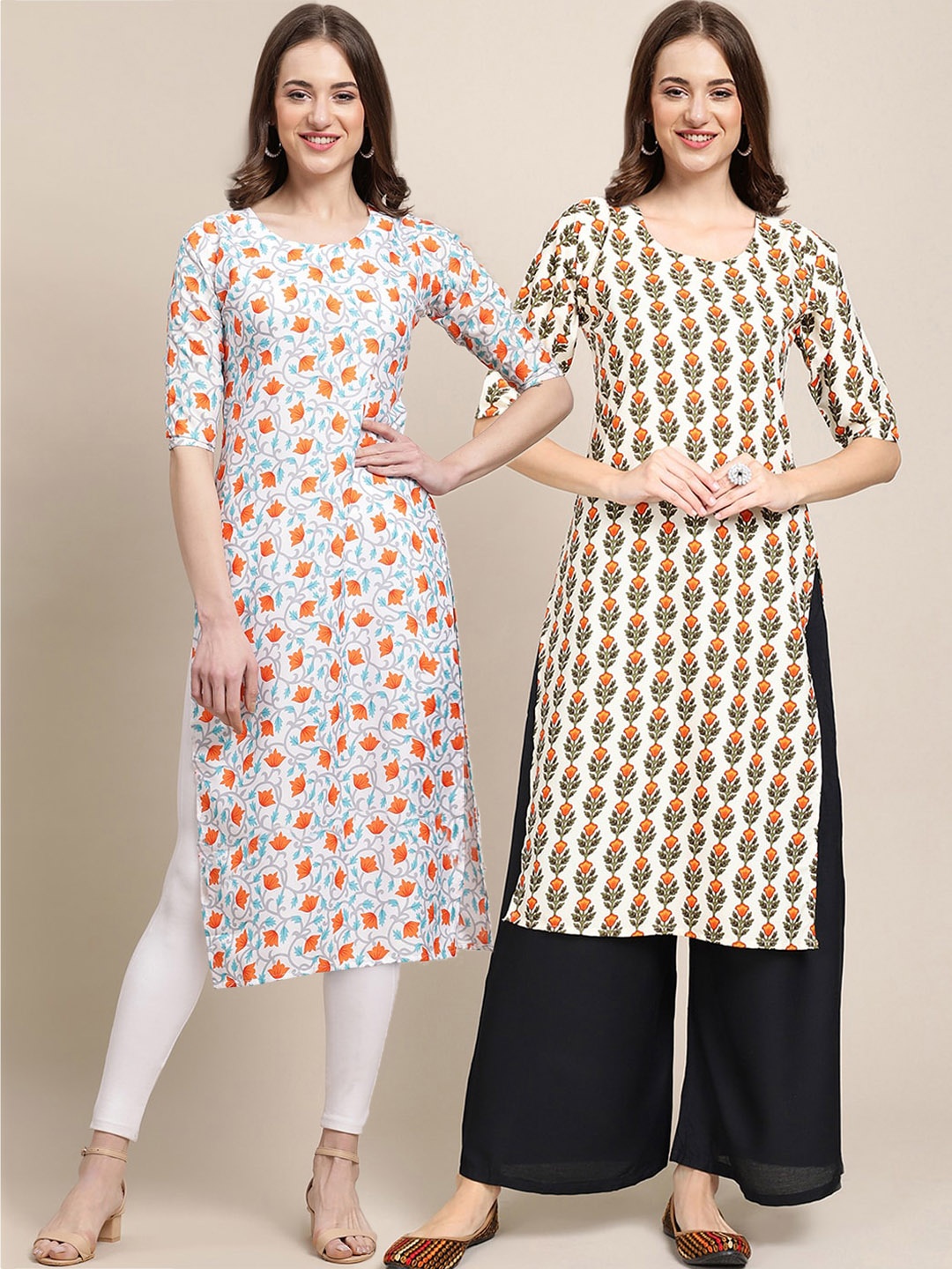 

7Threads Pack Of 2 Women Grey & Beige Ethnic Motifs Printed Summer Sheers Crepe Kurta