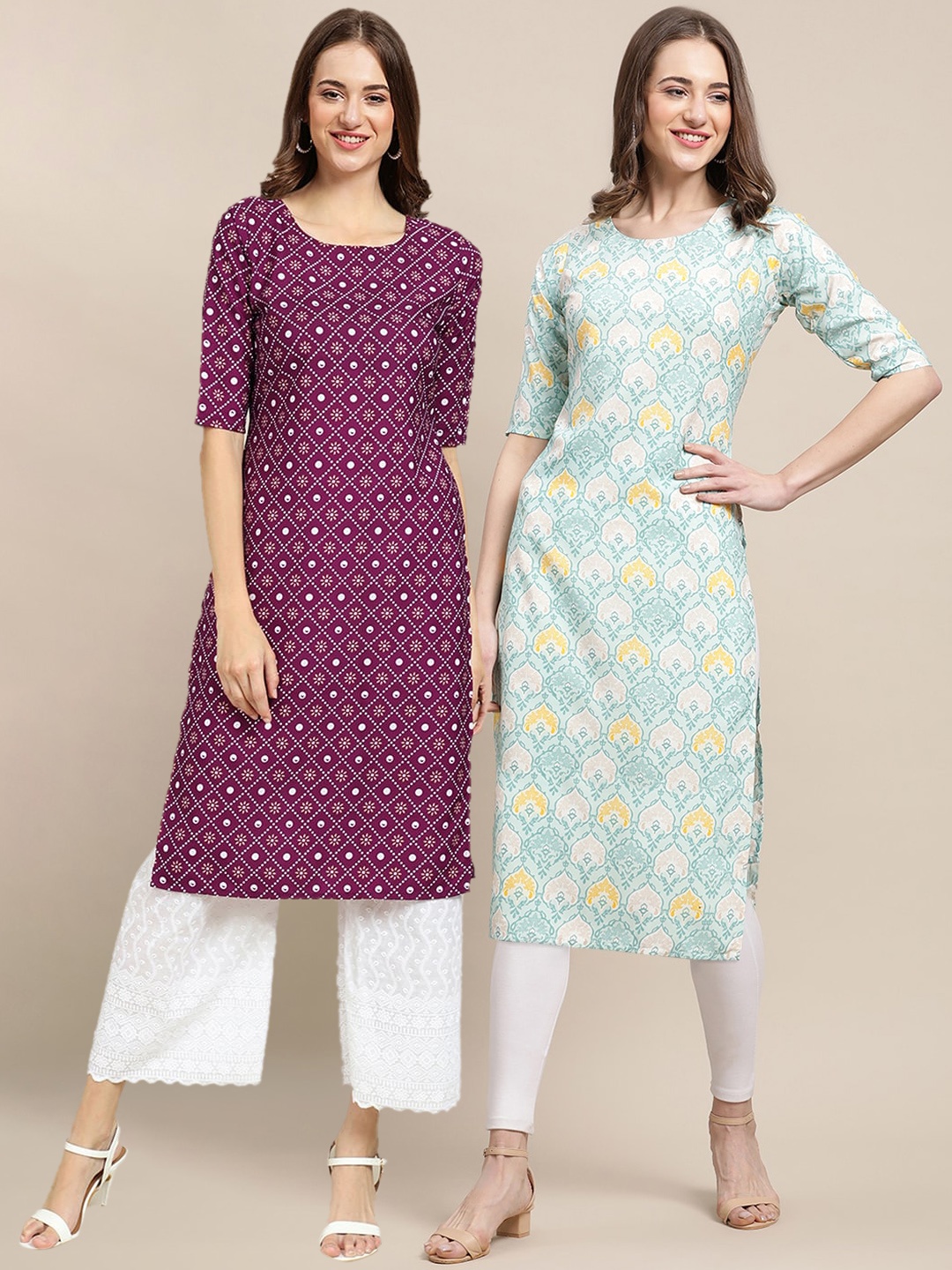 

7Threads PACK OF 2 Women Purple & Blue Ethnic Motifs Printed Summer Sheers Crepe Kurta