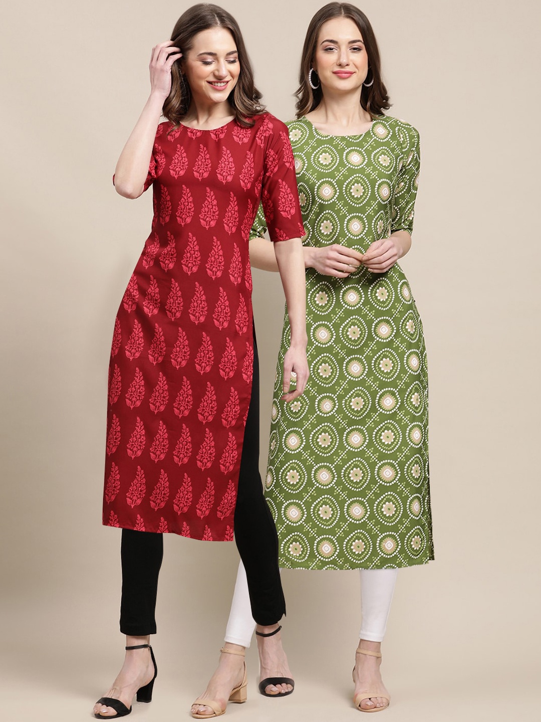 

7Threads Women Pack of 2 Digital Printed Summer Sheers Crepe Kurta, Maroon