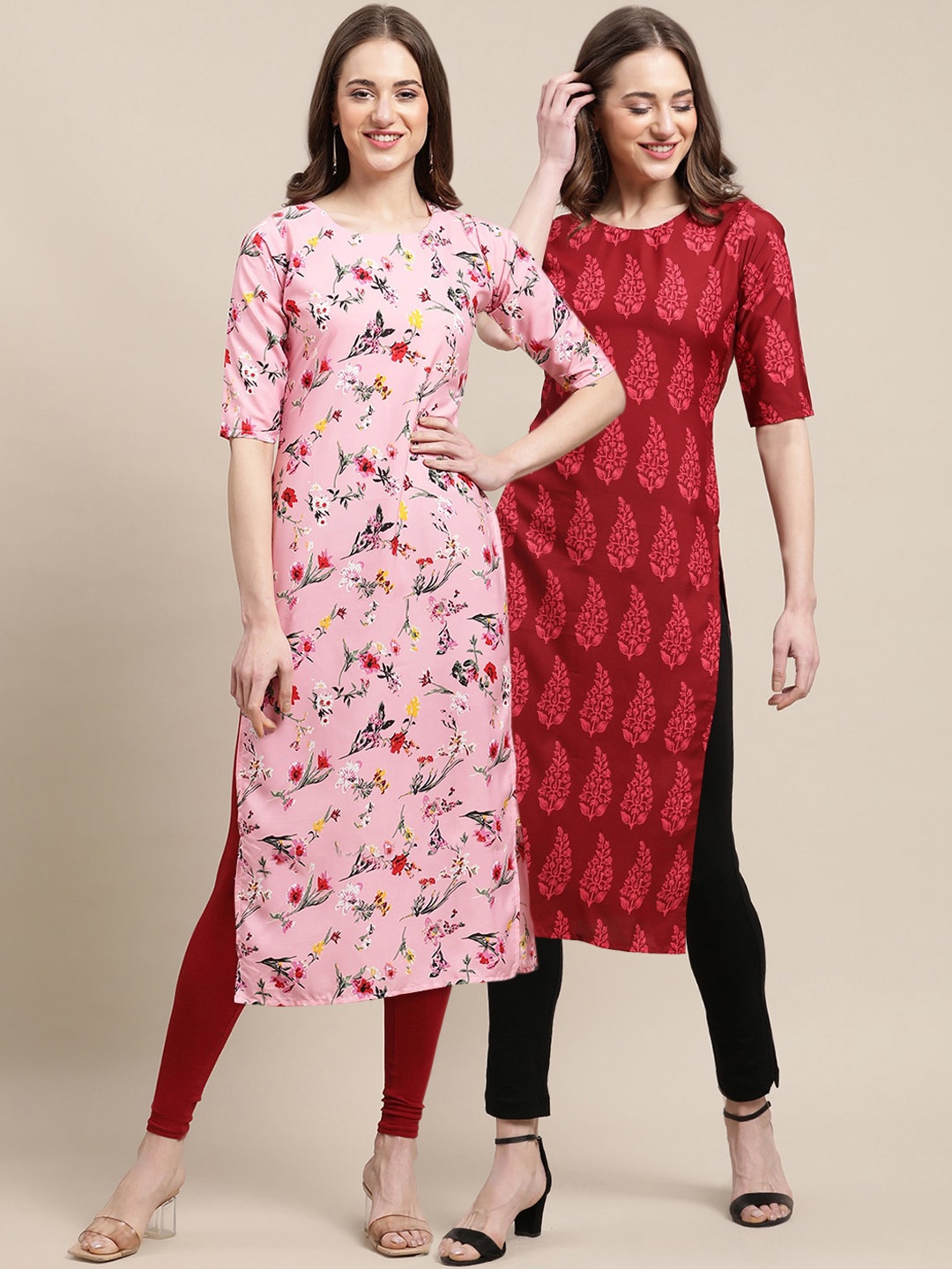 

7Threads Women Pack of 2 Pink & Maroon Floral Printed Summer Sheers Crepe Kurta