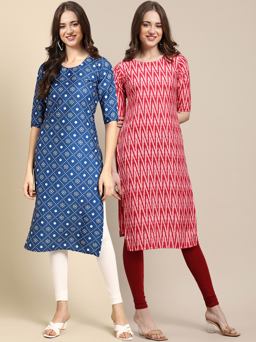 

7Threads Women Pack of 2 Blue & Red Printed Straight Crepe Kurta, Multi