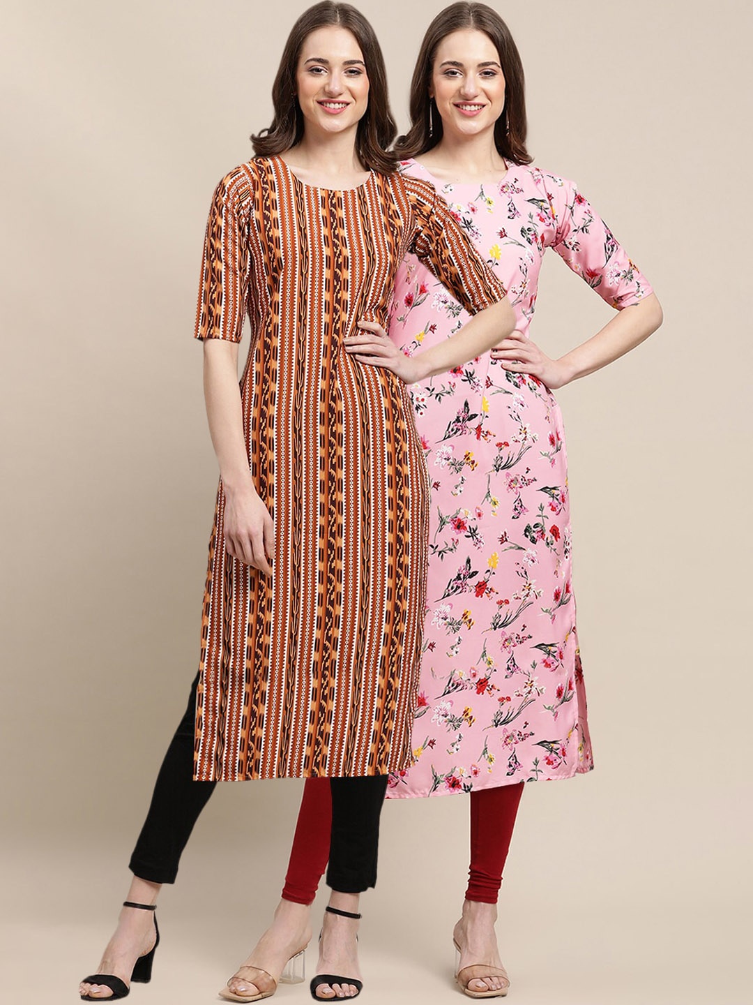 

7Threads Women Pack of 2 Crepe Kurta, Brown