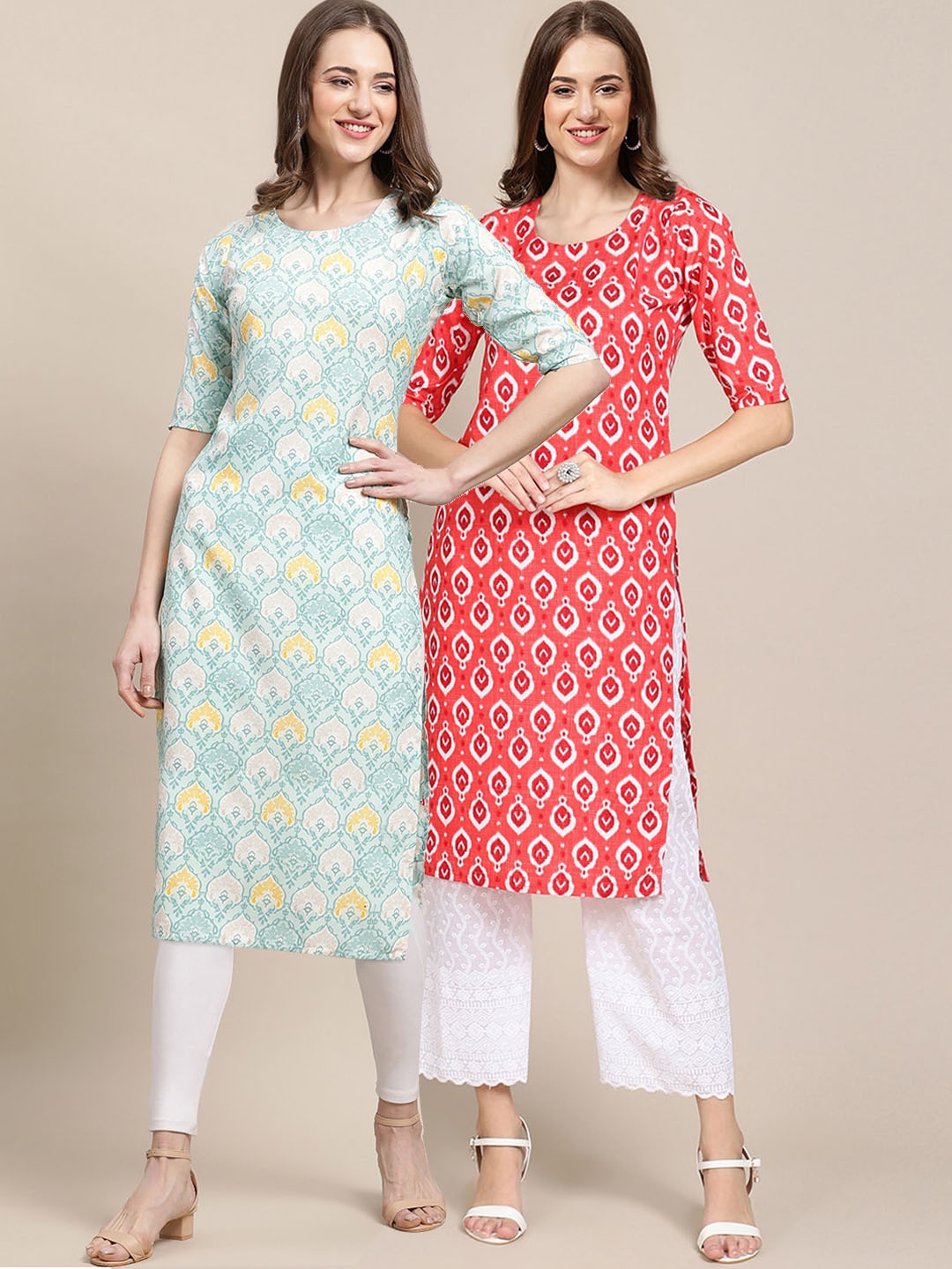 

7Threads Women Pack of 2 Blue & Red Crepe Straight Kurta