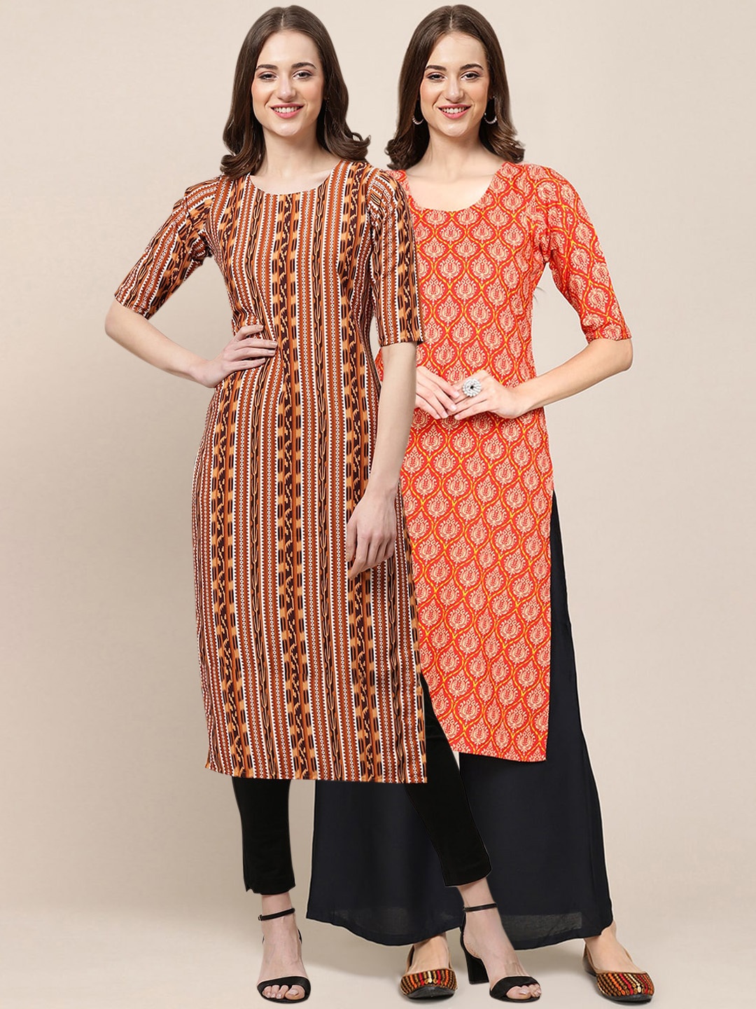 

7Threads Women Pack of 2 Crepe Kurta, Brown