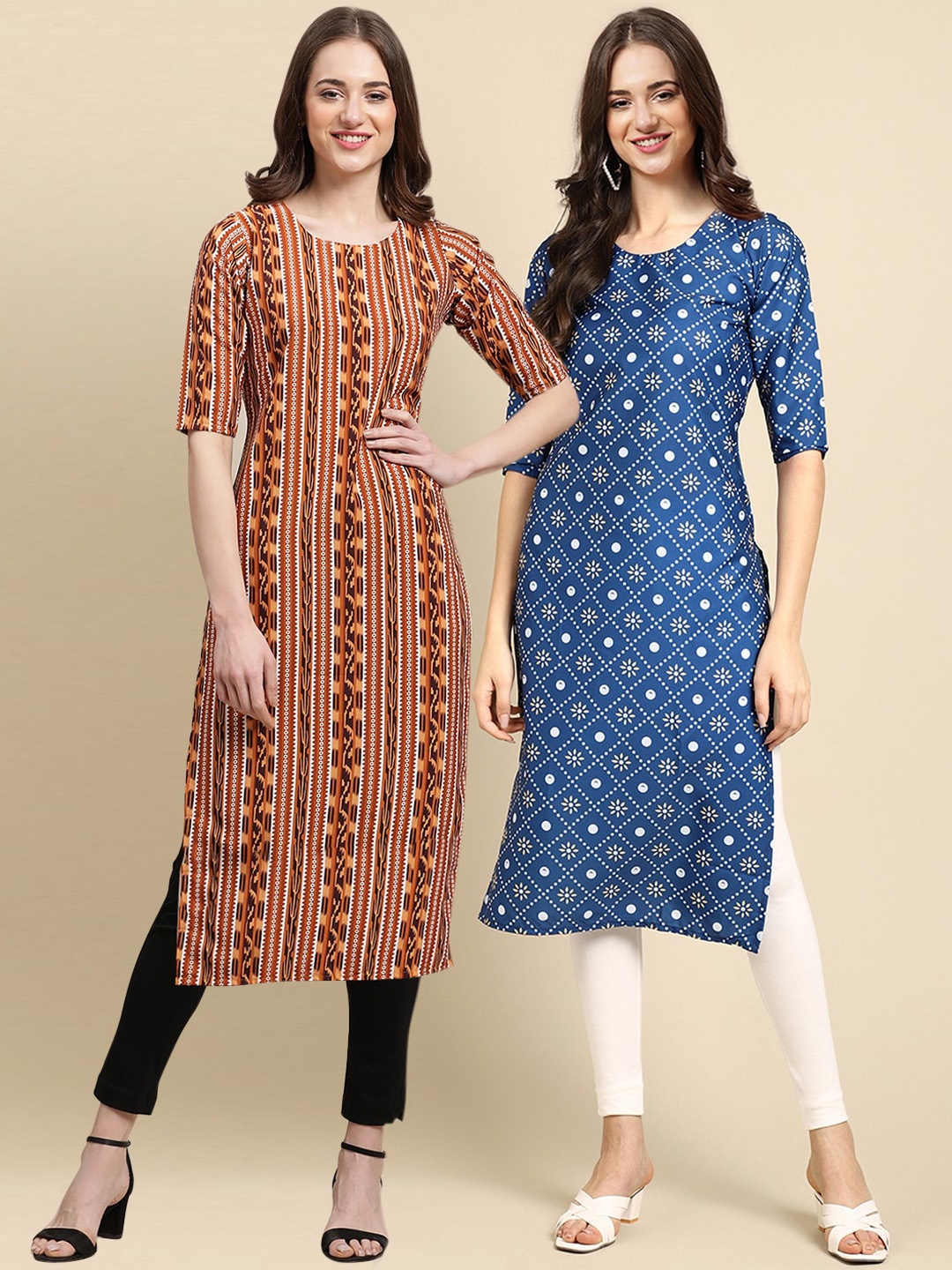 

7Threads Women Pack of 2 Brown & Blue Ethnic Motifs Printed Crepe Kurta