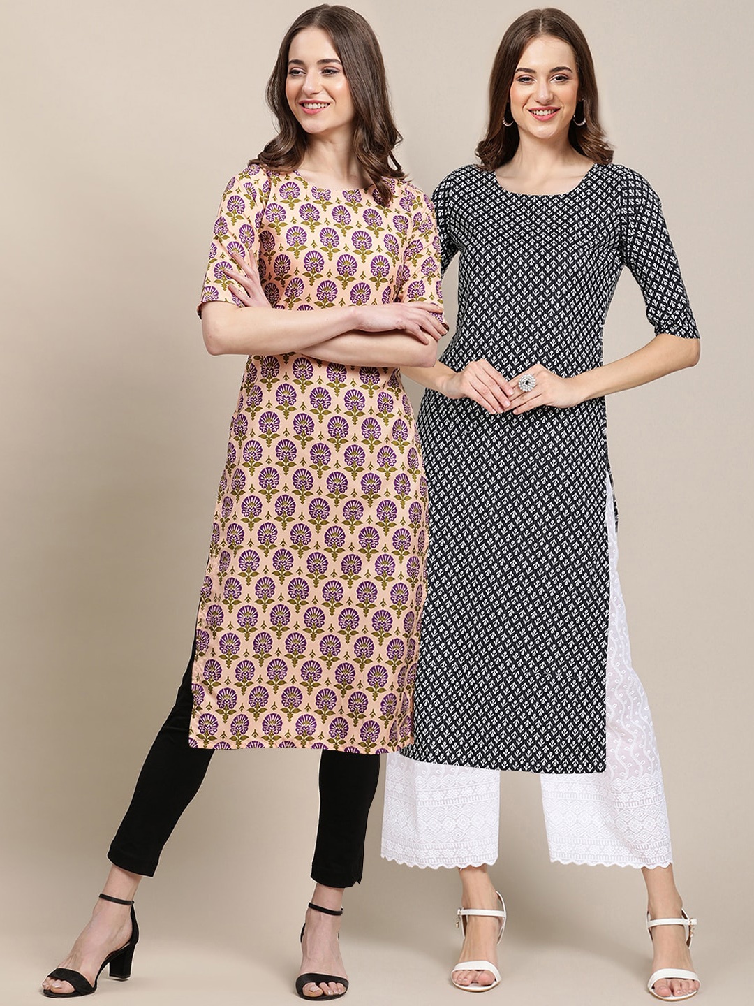 

7Threads Women Pack of 2 Printed Summer Sheer Crepe Kurta, Beige