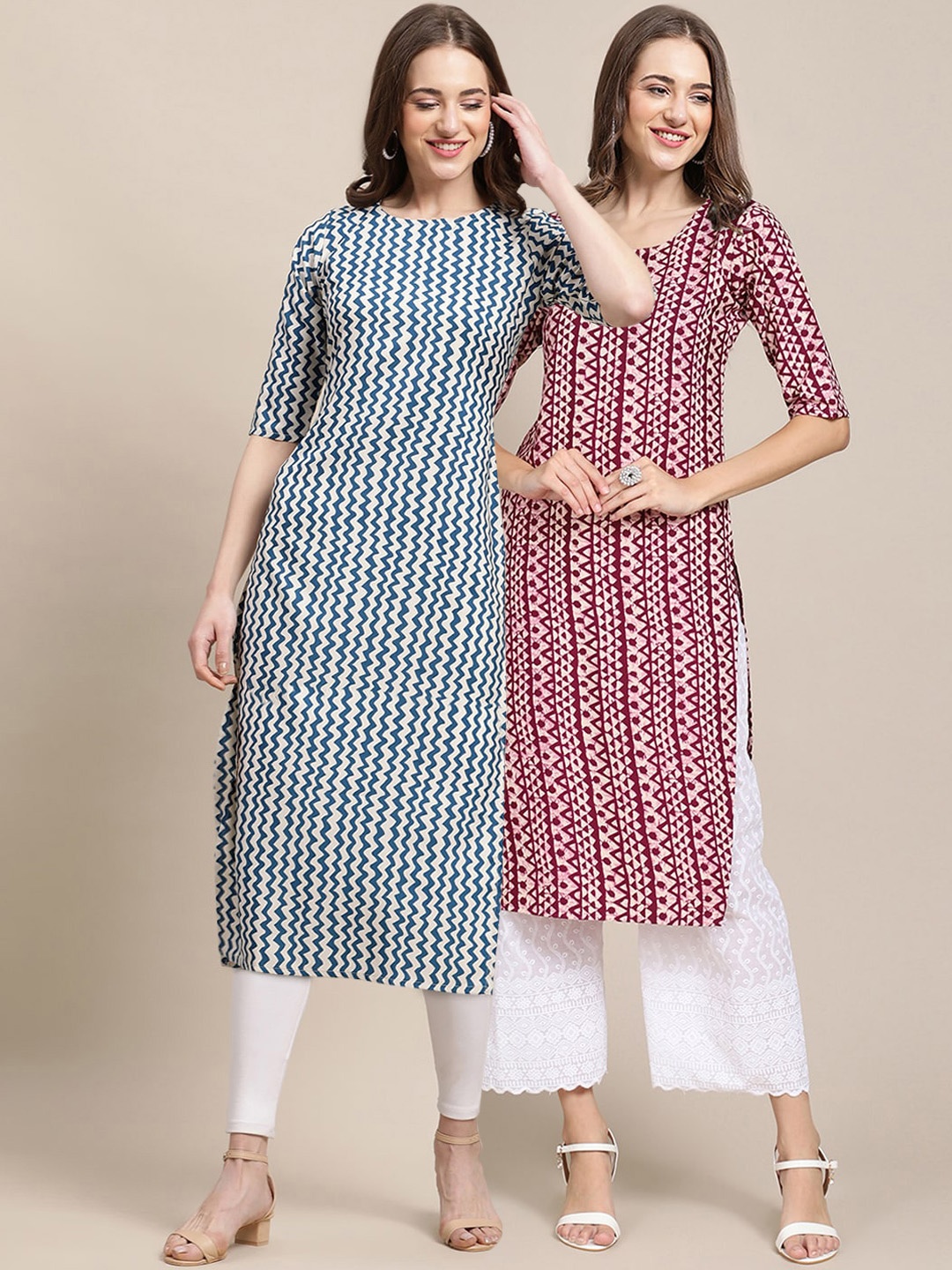

7Threads Women Pack of 2 Printed Summer Sheers Crepe Kurta, Teal