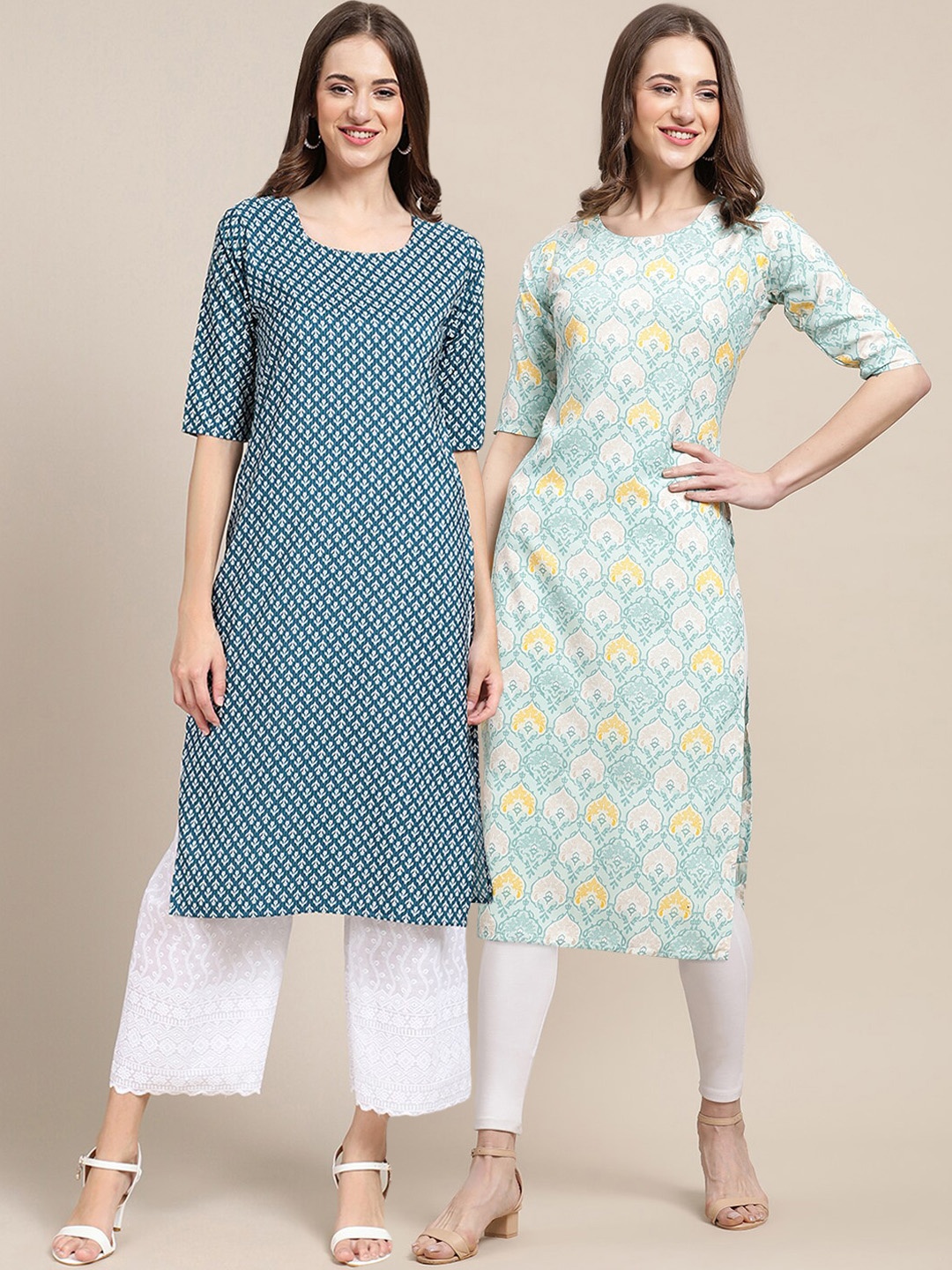 

7Threads Women Pack of 2 Printed Summer Sheers Crepe Kurta, Teal