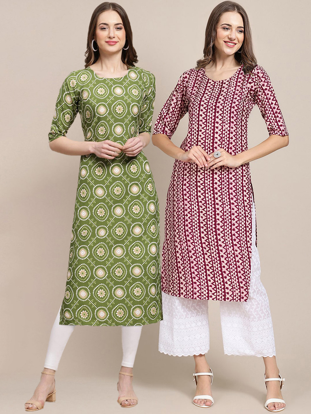 

7Threads Women Pack of 2 printed Summer Sheers Crepe Kurta, Green