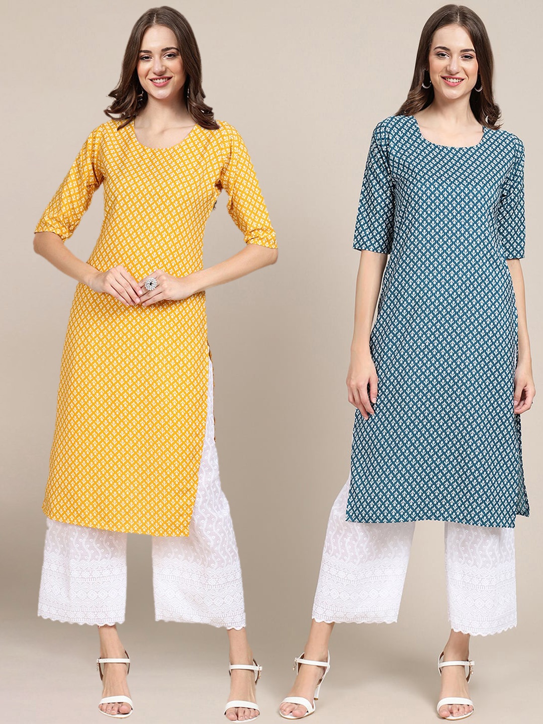 

KALINI Women Pack of 2 Yellow & Teal Geometric Striped Summer Sheers Crepe Kurta