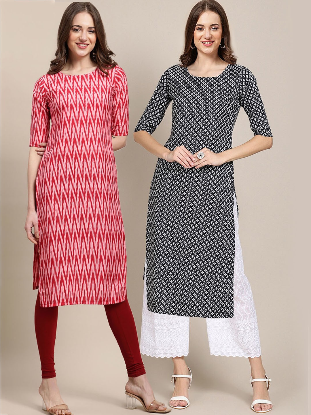 

7Threads Pack Of 2 Women Ethnic Motifs Printed Summer Sheers Crepe Kurta, Pink