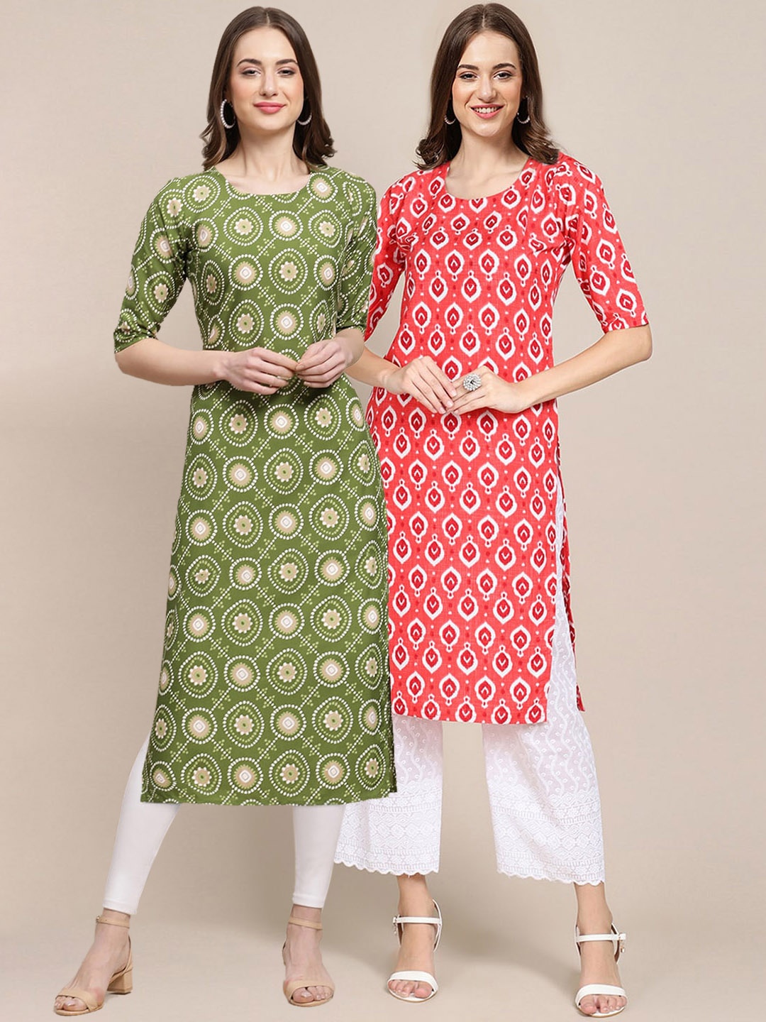 

7Threads Pack Of 2 Women Green & Coral Ethnic Motifs Printed Summer Sheers Crepe Kurta