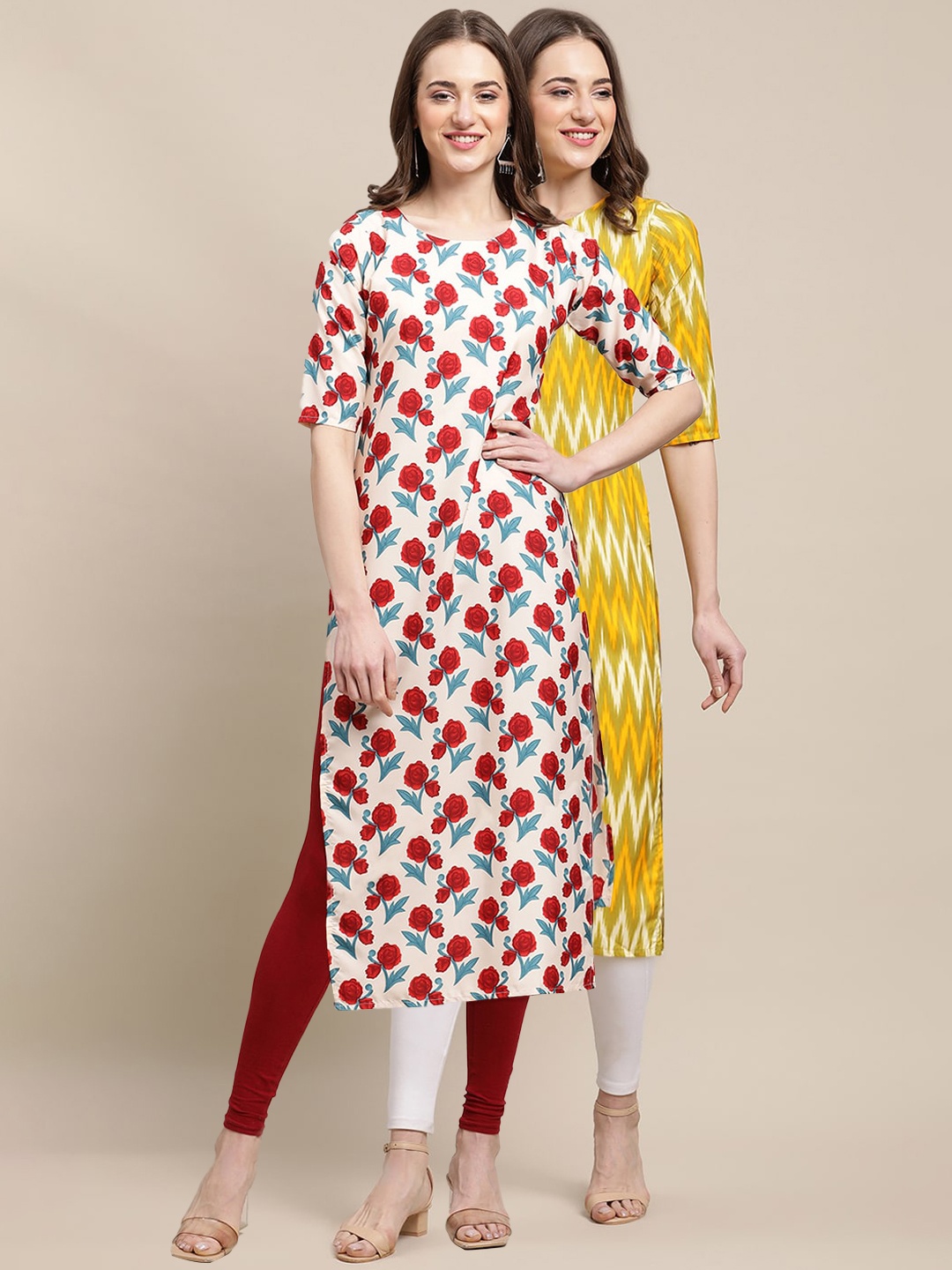 

7Threads Women Pack Of 2 Red & Yellow Geometric Printed Crepe Kurta