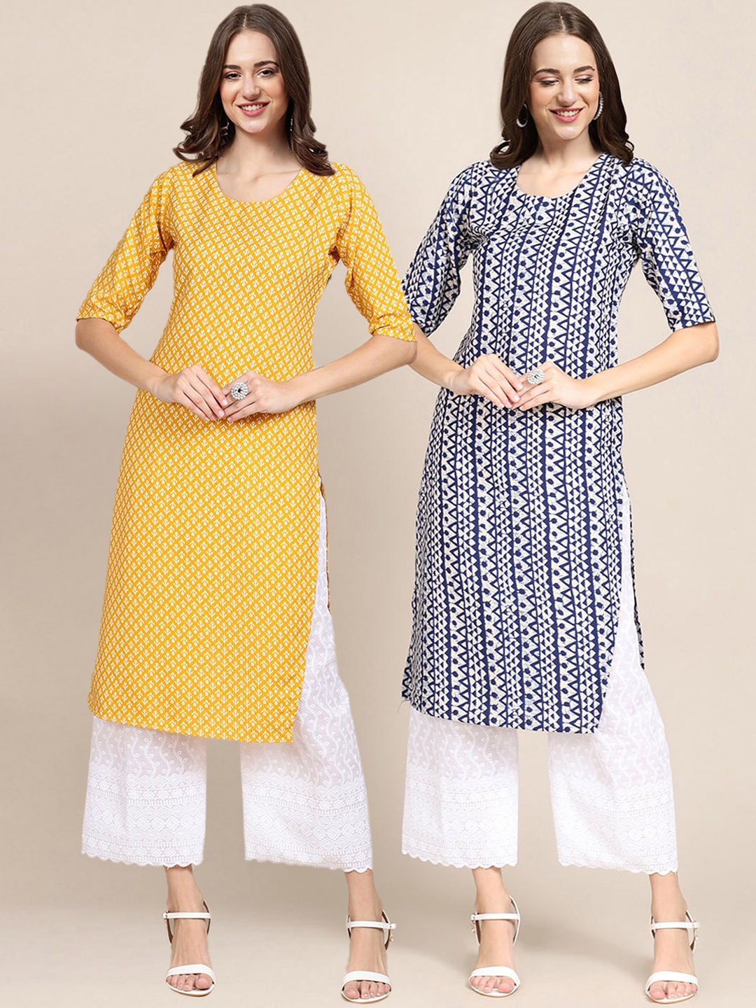 

7Threads Pack Of 2 Women Ethnic Motifs Printed Summer Sheers Crepe Kurta, Yellow