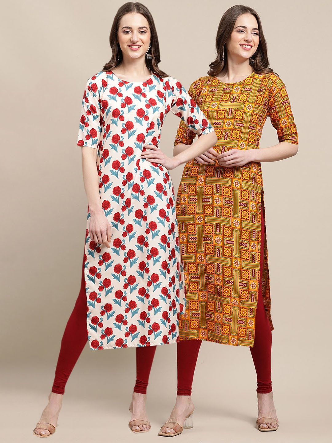 

7Threads PACK OF 2 Women Ethnic Motifs Printed Summer Sheers Crepe Kurta, Red