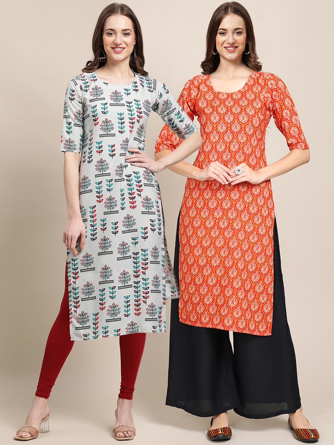 

7Threads Women Pack of 2 Off White & Orange Ethnic Motifs Printed Crepe Kurta