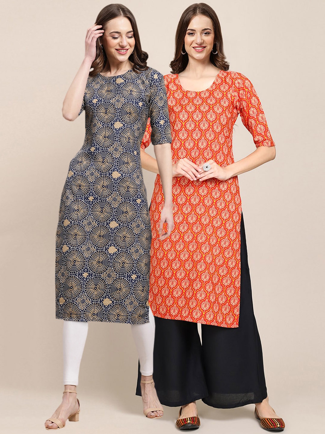 

7Threads Women Pack of 2 Blue & Orange Floral Printed Crepe Kurta